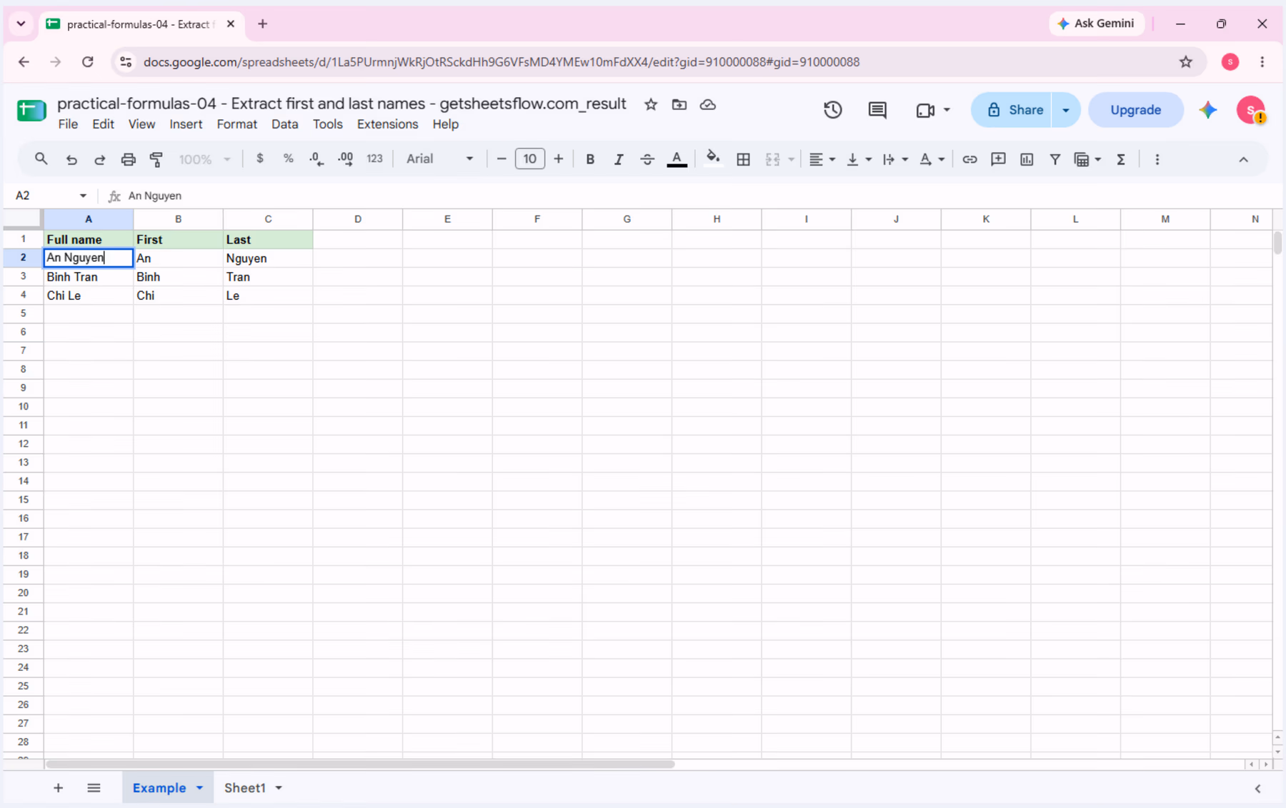 Result workbook with First/Last and the verified SPLIT(TRIM(...)) formula.