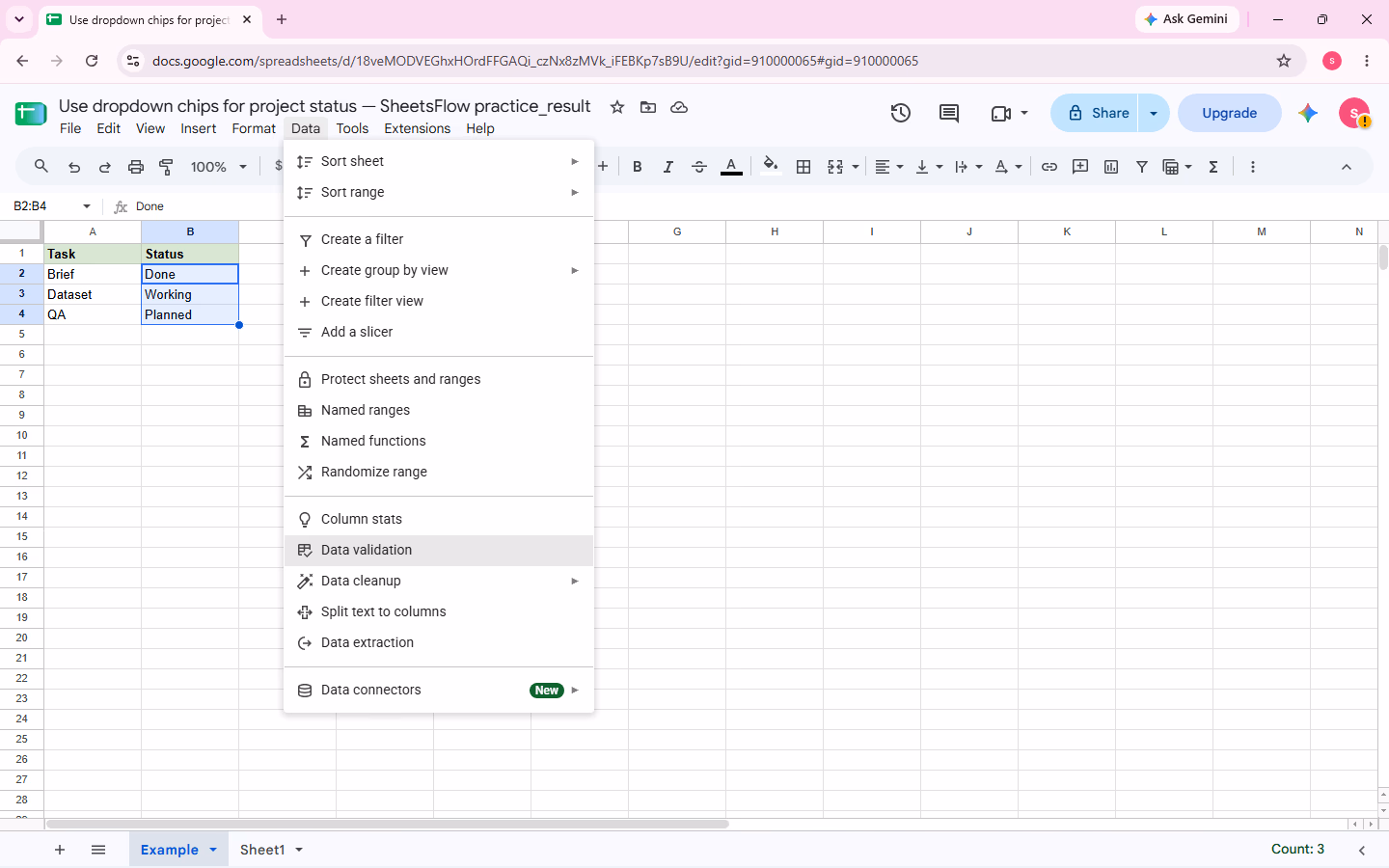 The Data menu is open with the pointer directly on Data validation.