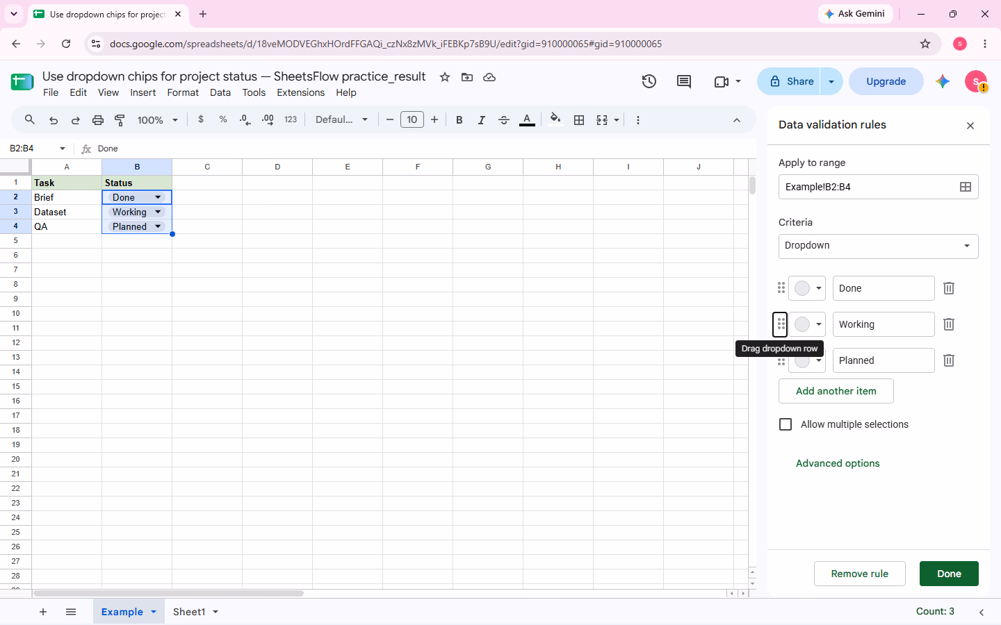 The dropdown rule editor shows the apply-to range and the valid options.