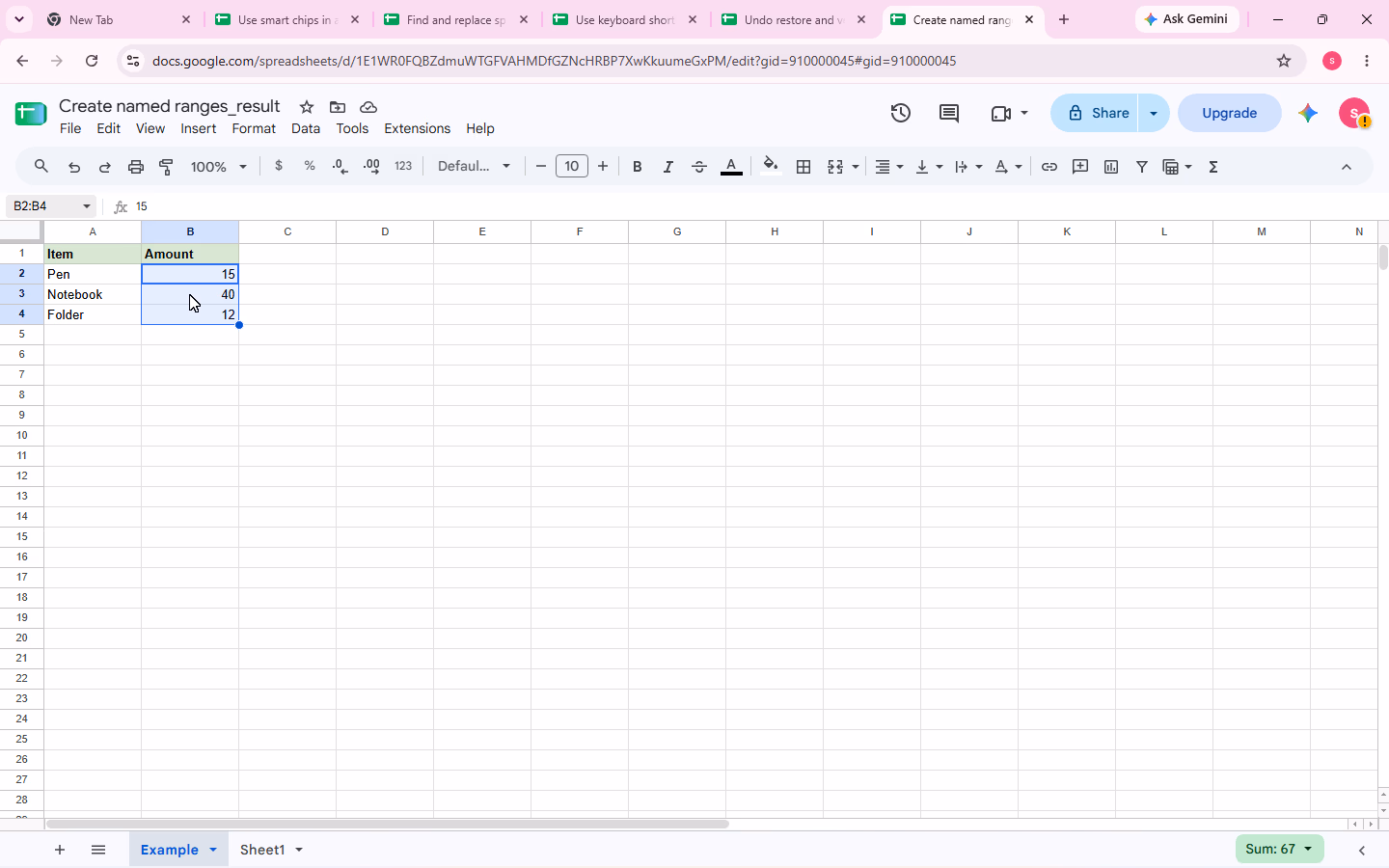Cells B2:B4 selected in the Example sheet before creating the Amounts named range.