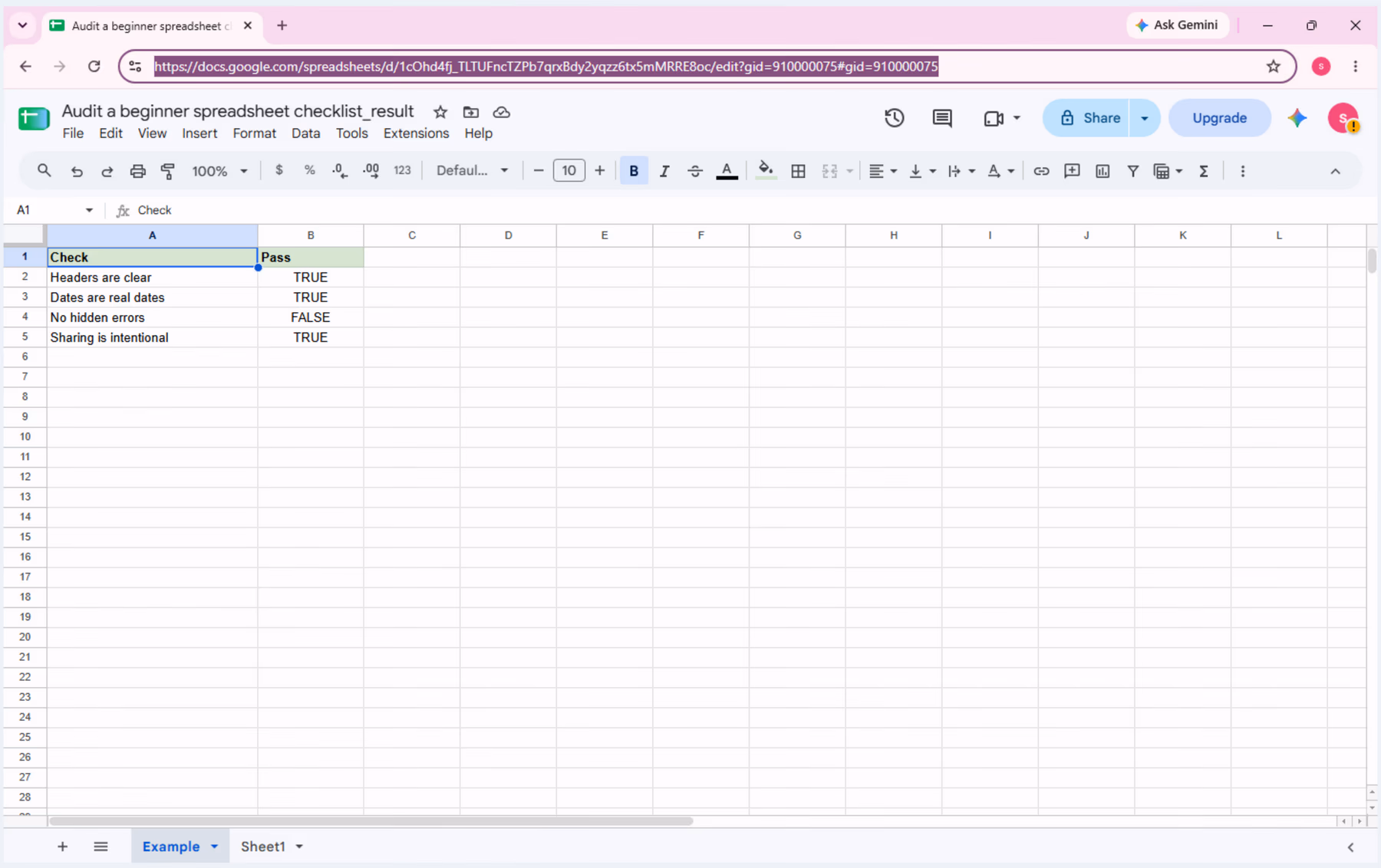 Google Sheets checklist before checkbox formatting, showing the Check and Pass headers and all four sample rows.