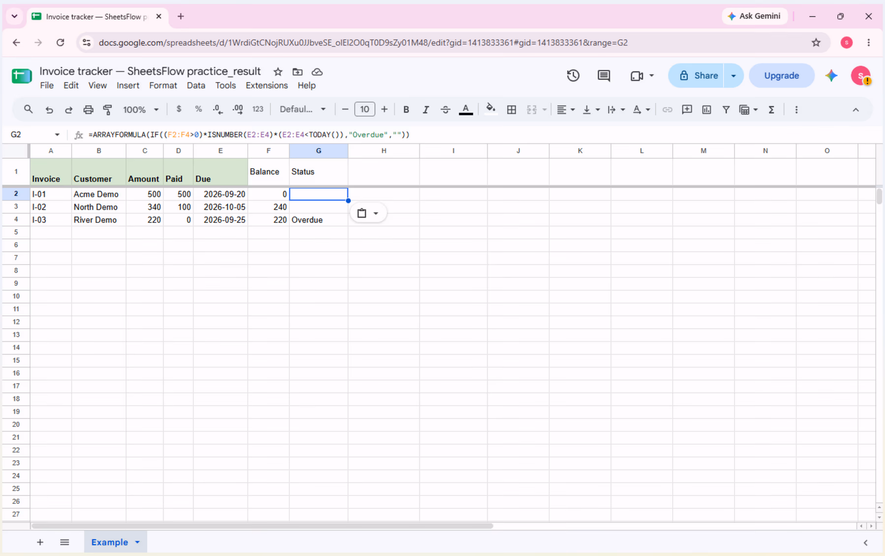 The _result workbook with G2 selected, the formula bar showing the complete ARRAYFORMULA, and only invoice I-03 displaying Overdue.