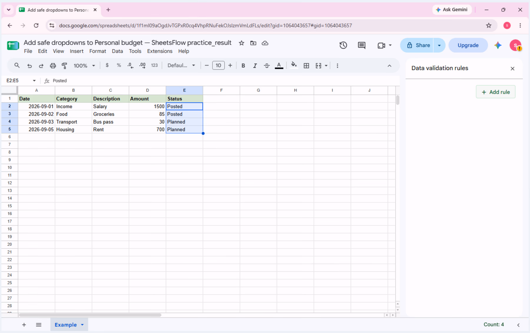 The Data validation rules sidebar is open for E2:E5 with the pointer on Add rule.