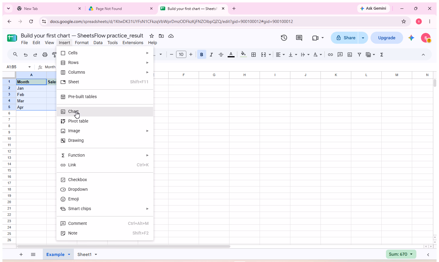 The Insert menu is open with the pointer directly on the Chart command.
