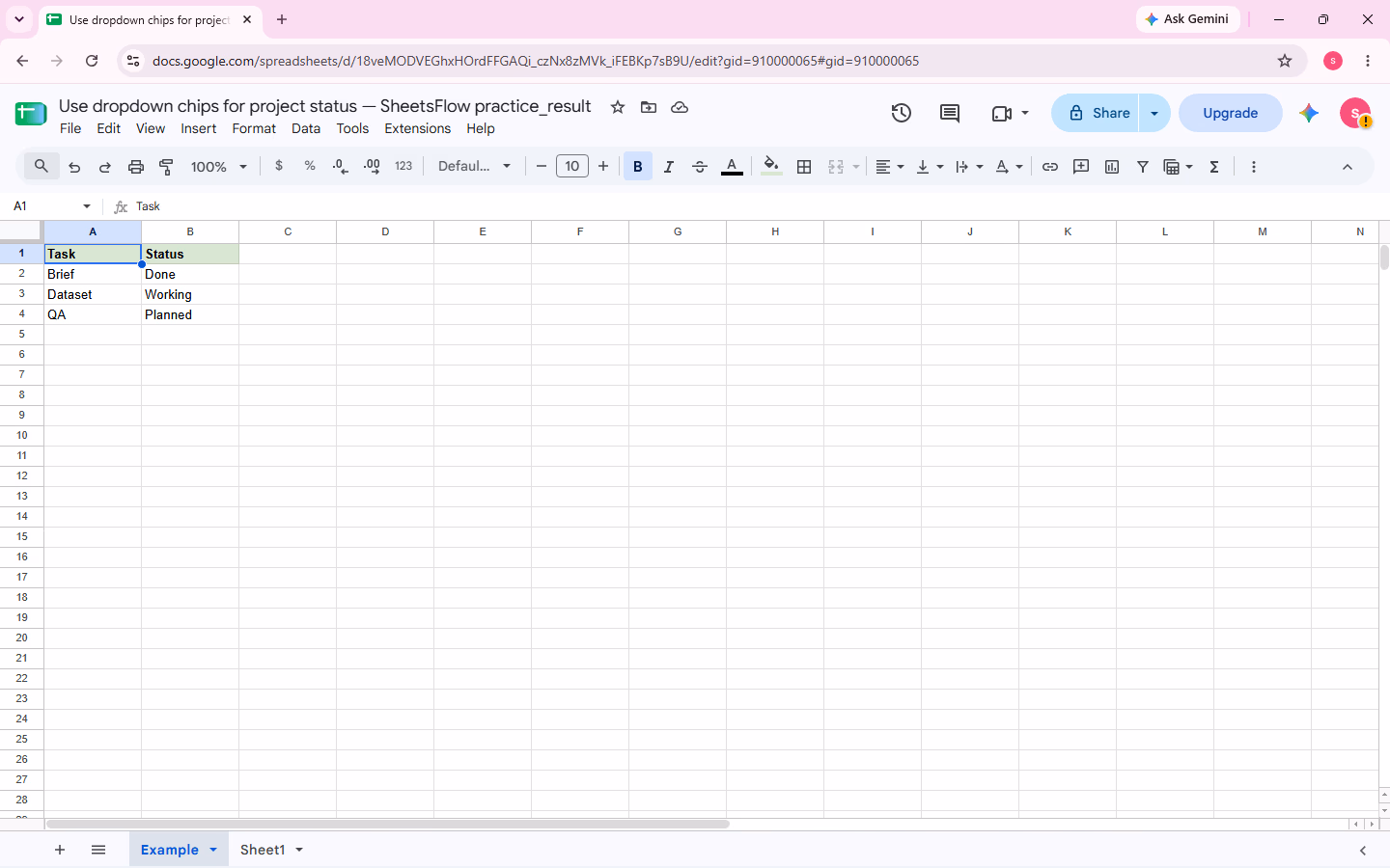 The complete Task and Status source table before the dropdown rule is created.