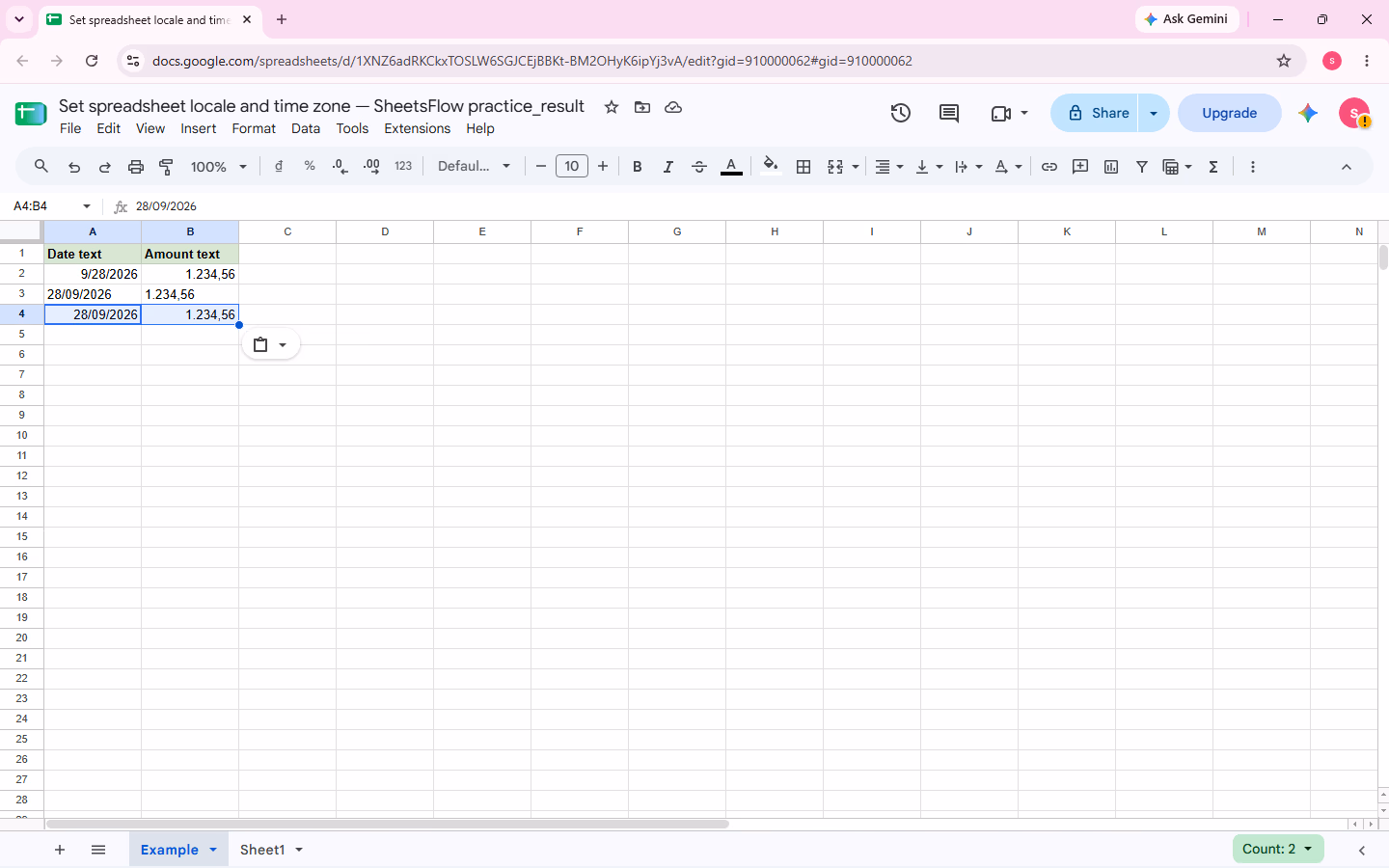 Temporary row A4:B4 contains 28/09/2026 and 1.234,56, both recognized by Google Sheets under the Vietnam locale.