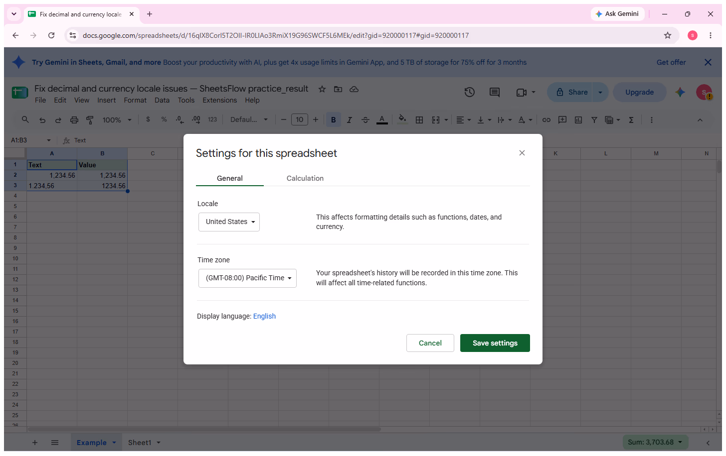 Google Sheets Settings for this spreadsheet dialog showing Locale set to United States.