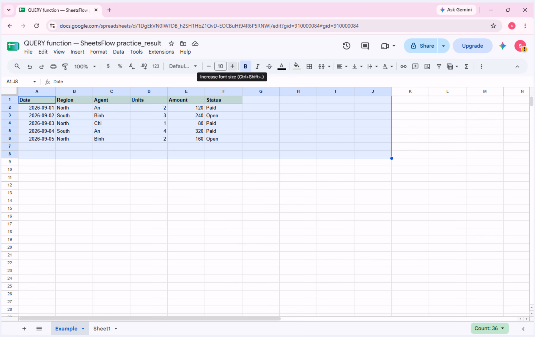 The _result workbook shows the clean Date, Region, Agent, Units, Amount, and Status source table before entering QUERY.