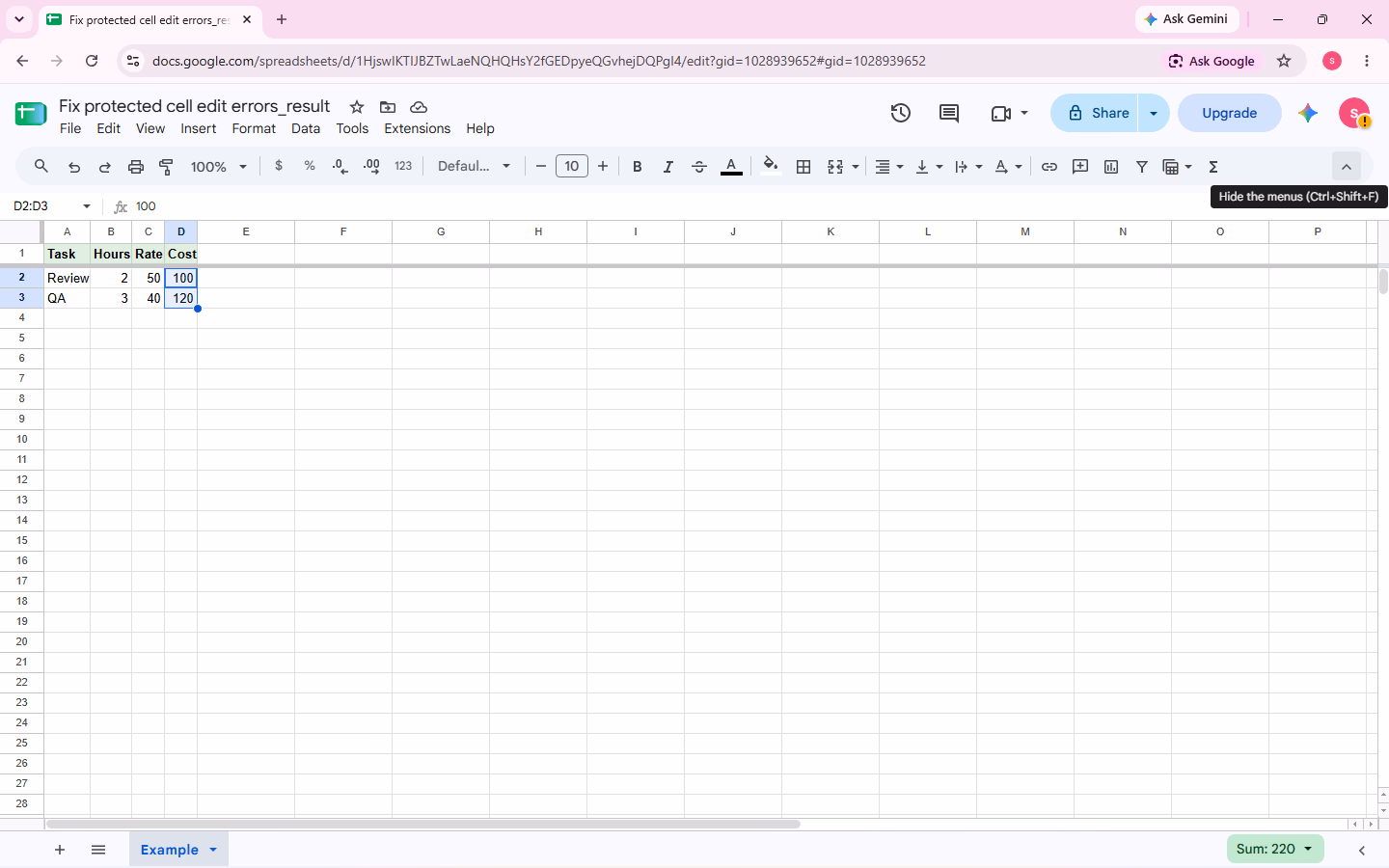 Google Sheets showing the full Task, Hours, Rate, Cost sample table used to diagnose a protected-cell edit problem.