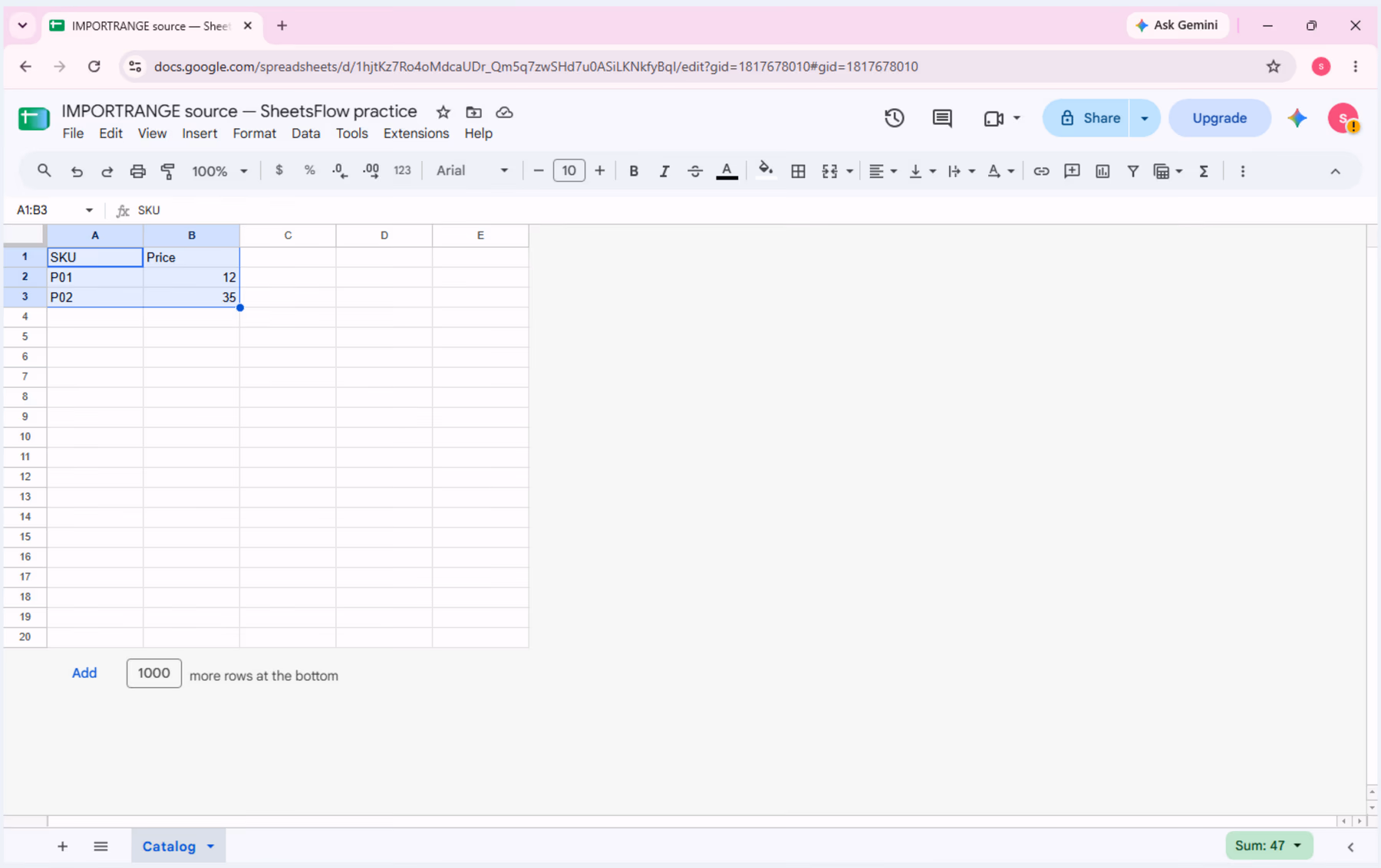 The real IMPORTRANGE source workbook open on the Catalog tab with A1:B3 selected and the source Google Sheets URL visible in the browser address bar.