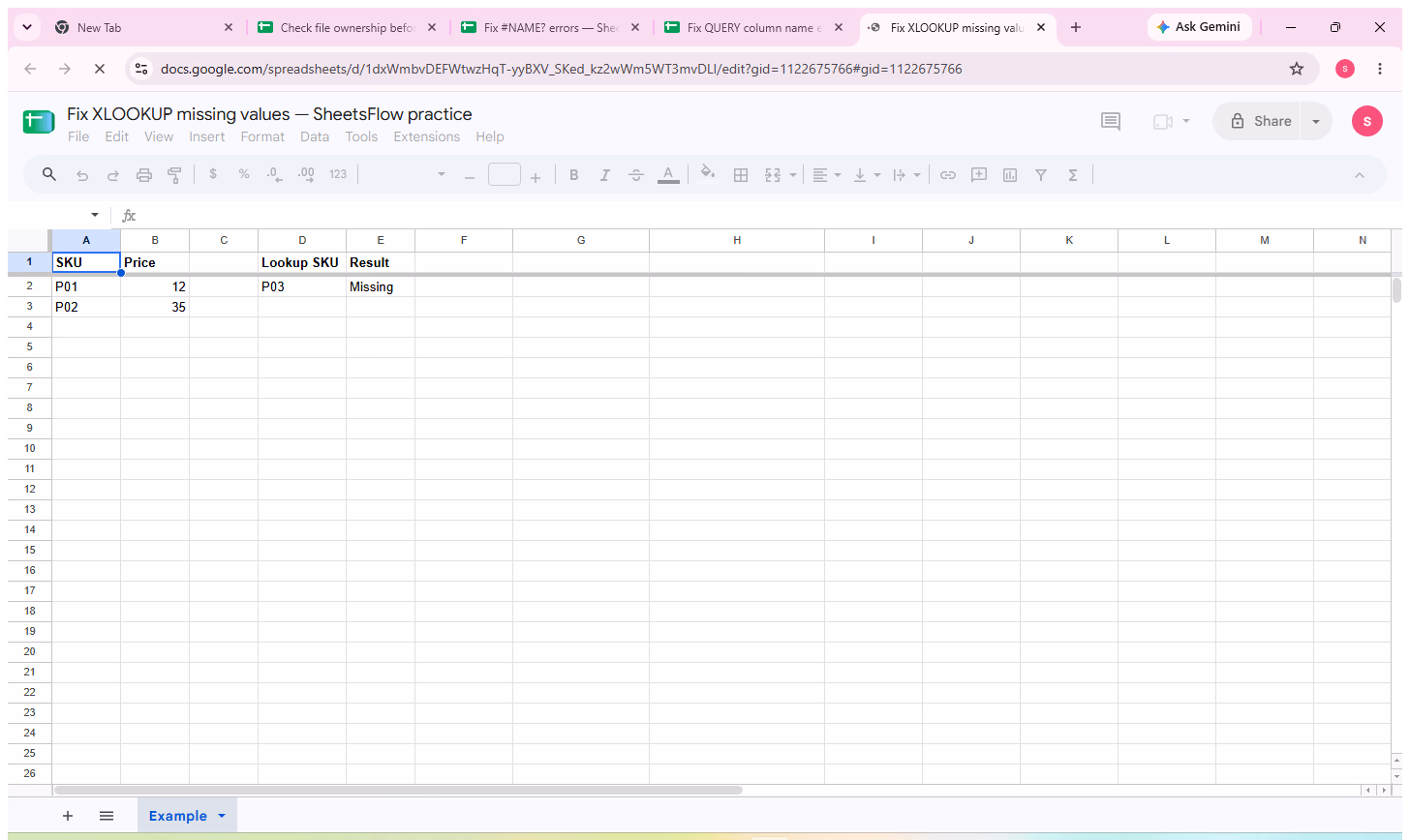 Google Sheets workbook showing the complete SKU and Price source table together with the P03 lookup key before formula verification.