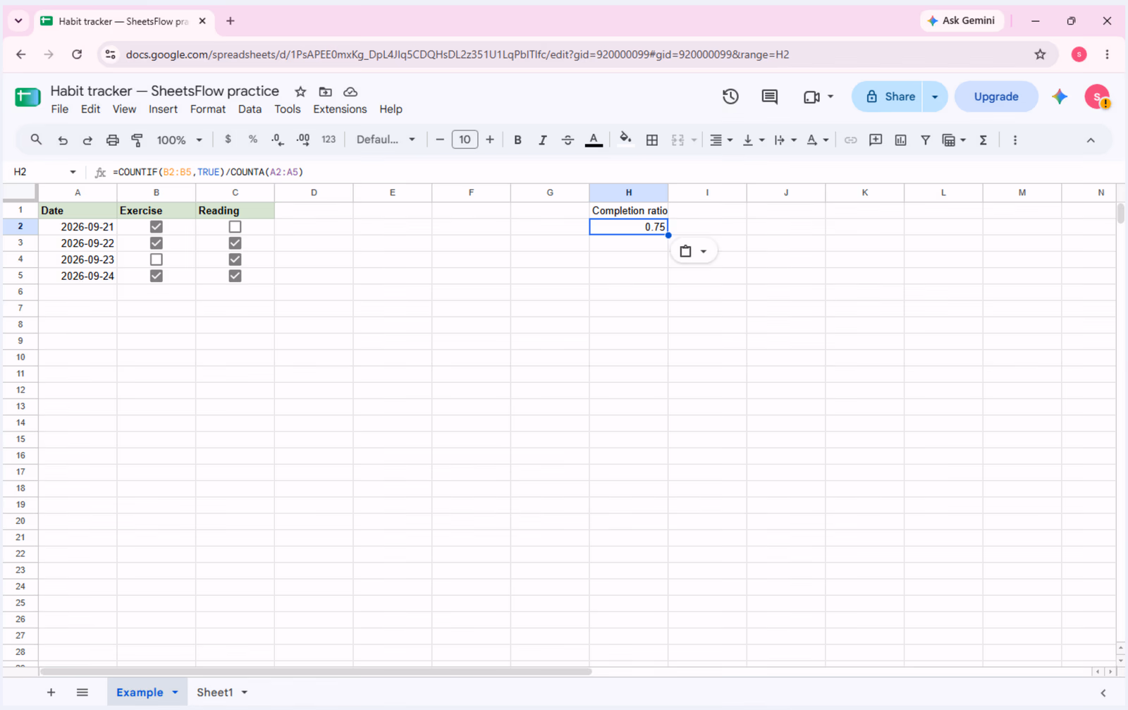 Cell H2 selected, with the COUNTIF/COUNTA formula visible in the formula bar and a result of 0.75.