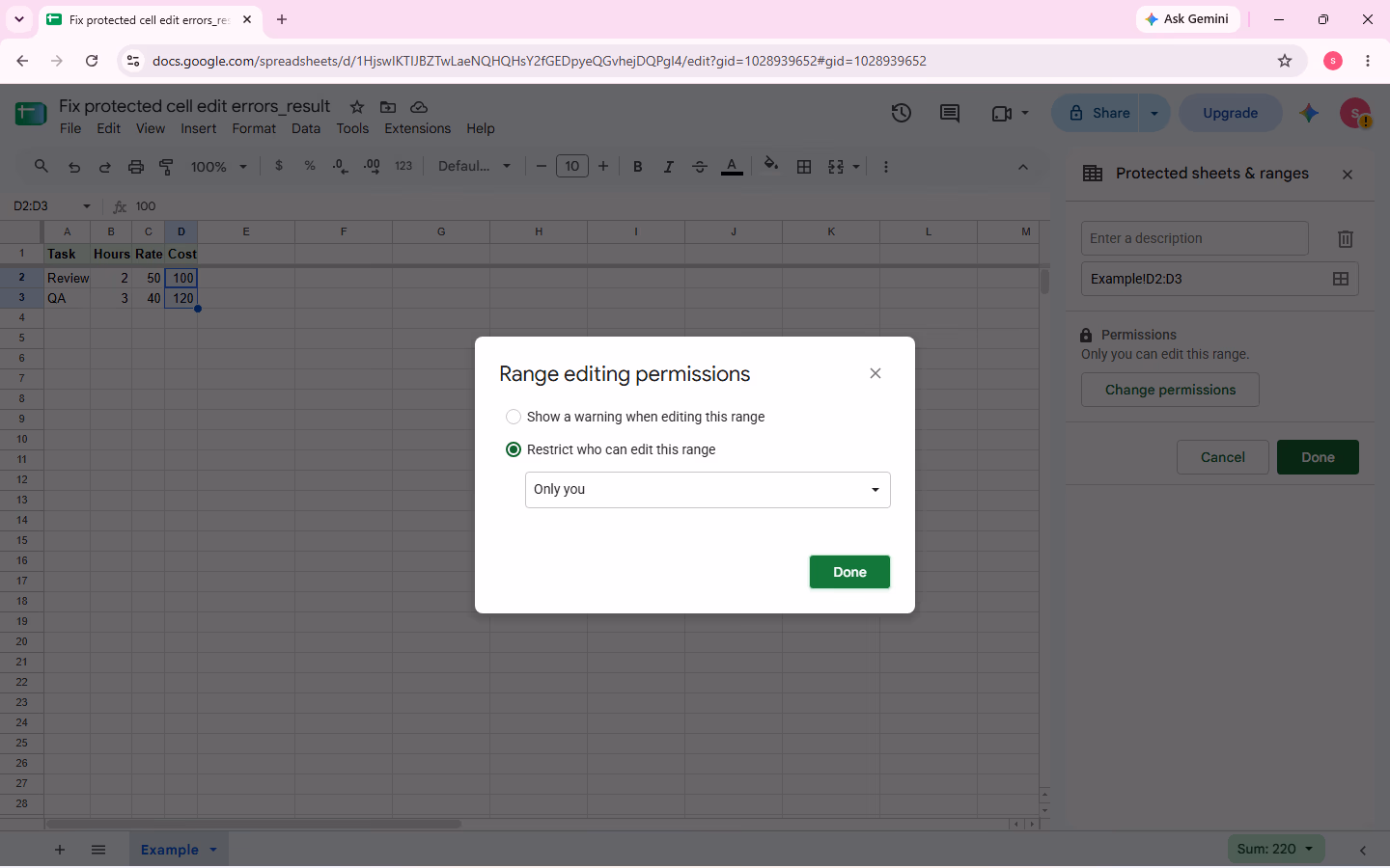 Google Sheets range editing permissions dialog used to review who can edit the protected D2:D3 cells.
