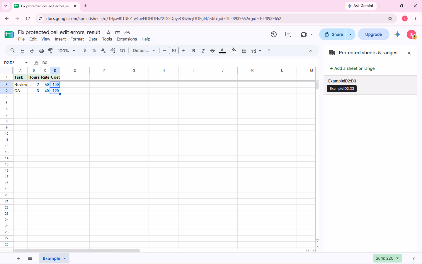 Protected sheets and ranges sidebar showing the D2:D3 range used for the troubleshooting check.