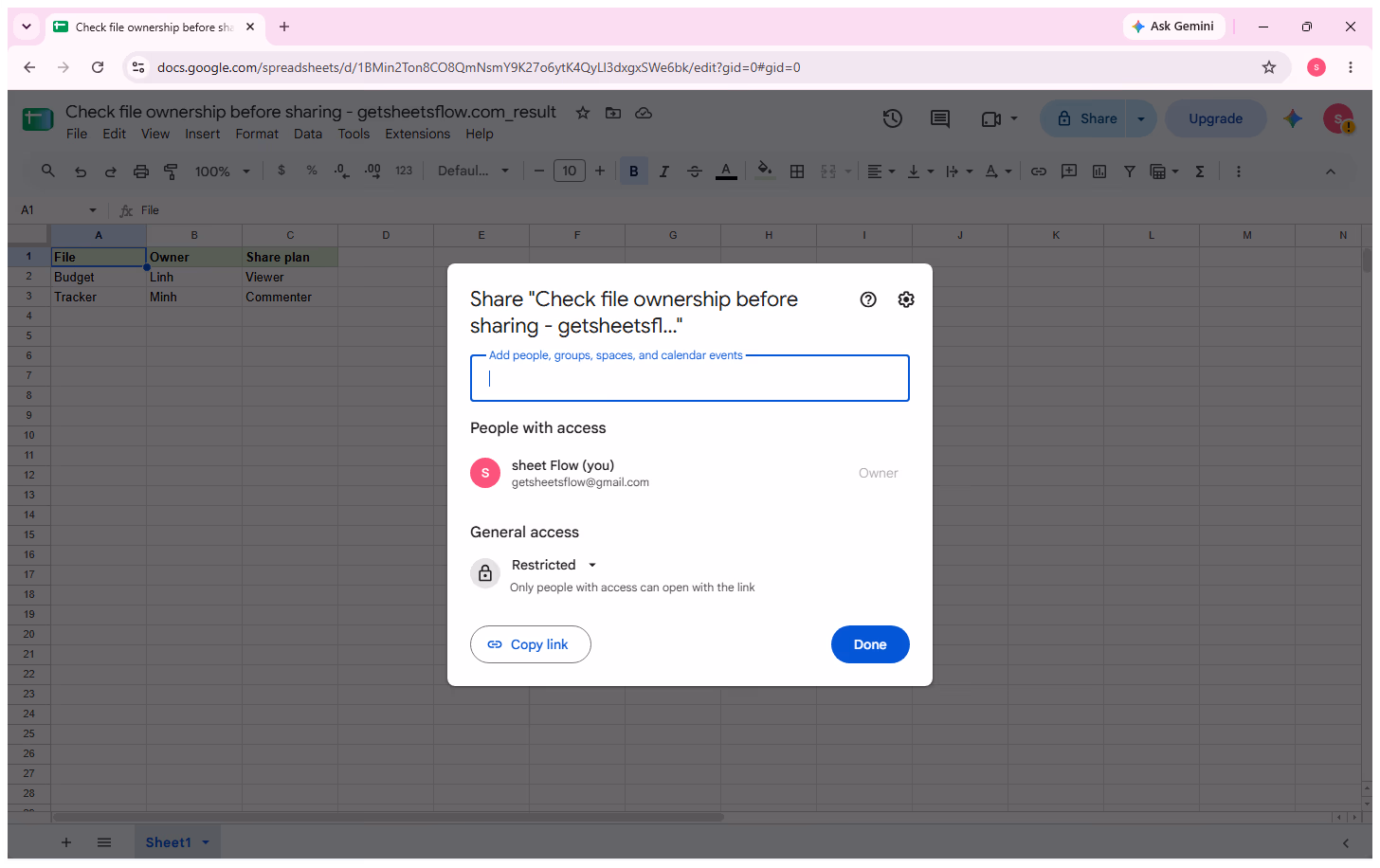The current-audit Share dialog shows the account marked Owner before any permission change.