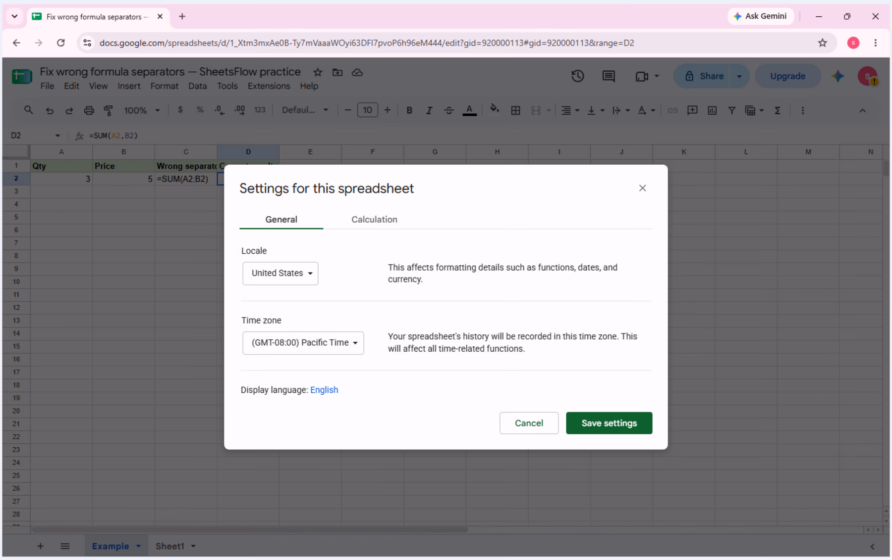 Google Sheets Settings dialog showing Locale set to United States.