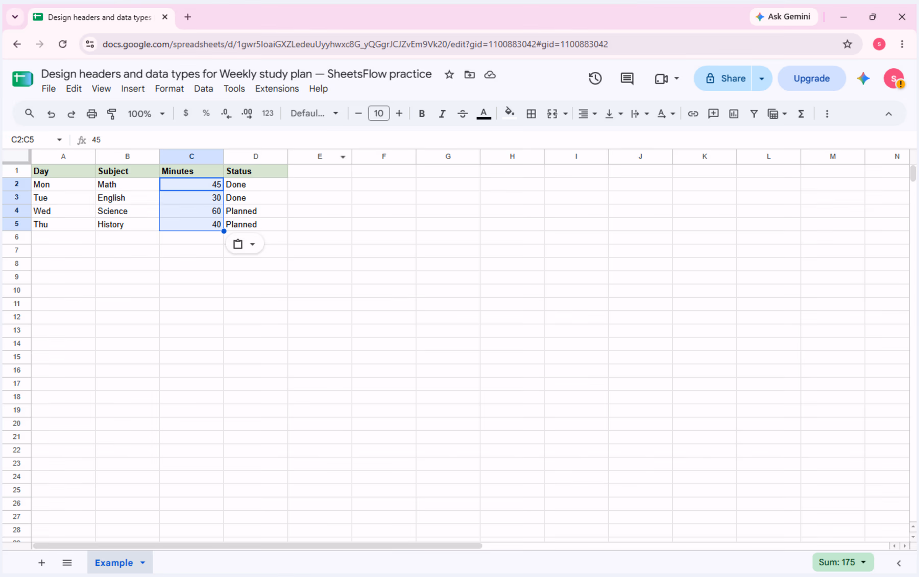 The Minutes range C2:C5 selected in Google Sheets, showing numeric values 45, 30, 60, and 40.