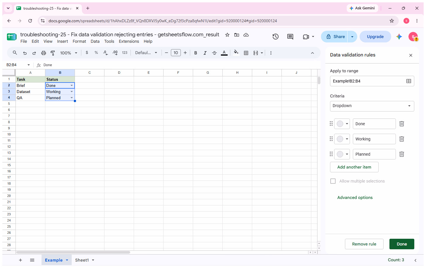 Google Sheets Data validation rules sidebar showing Example!B2:B4, Dropdown criteria, and the allowed items Done, Working, and Planned.