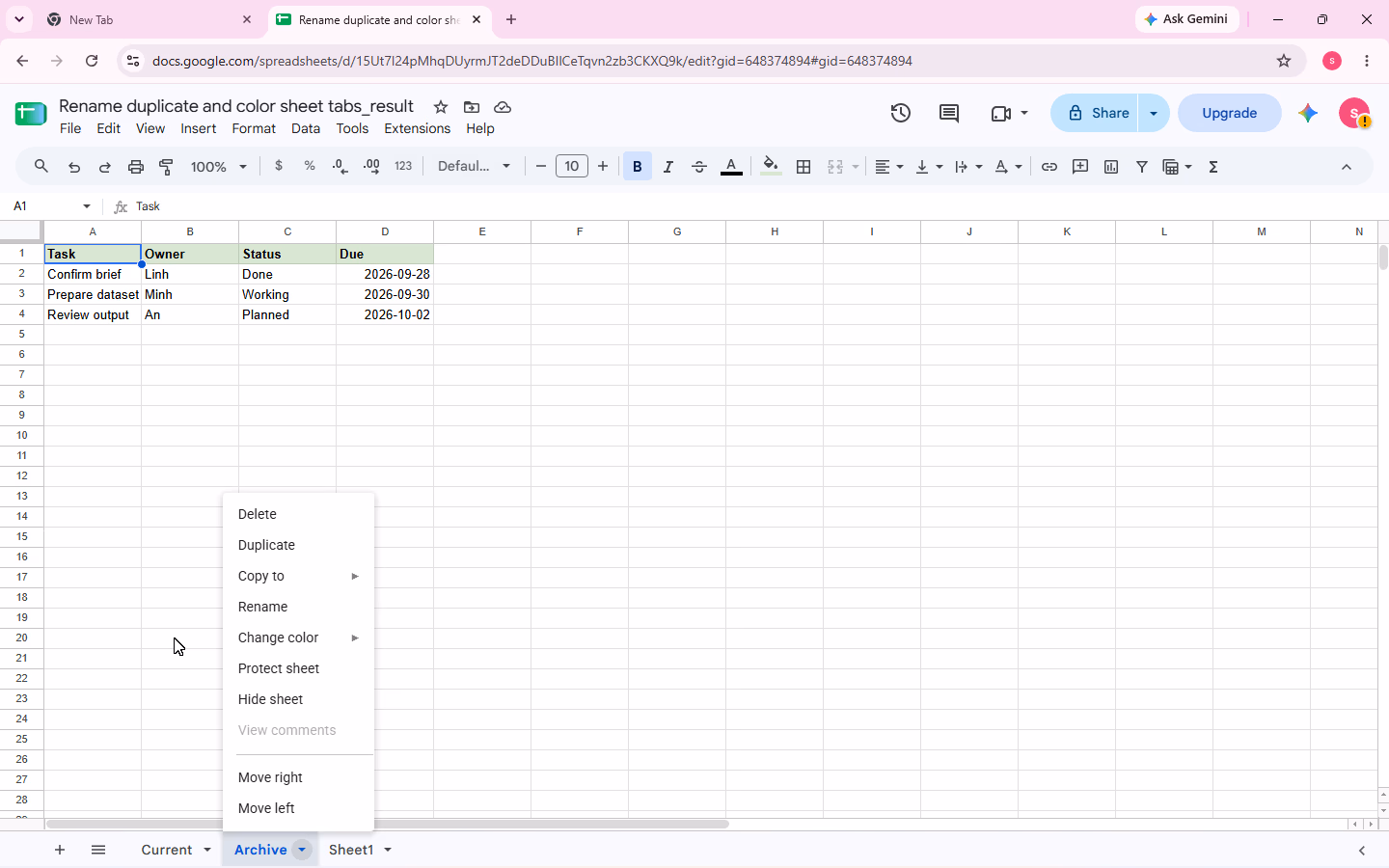 The Archive tab menu is open with the pointer directly on Change color.