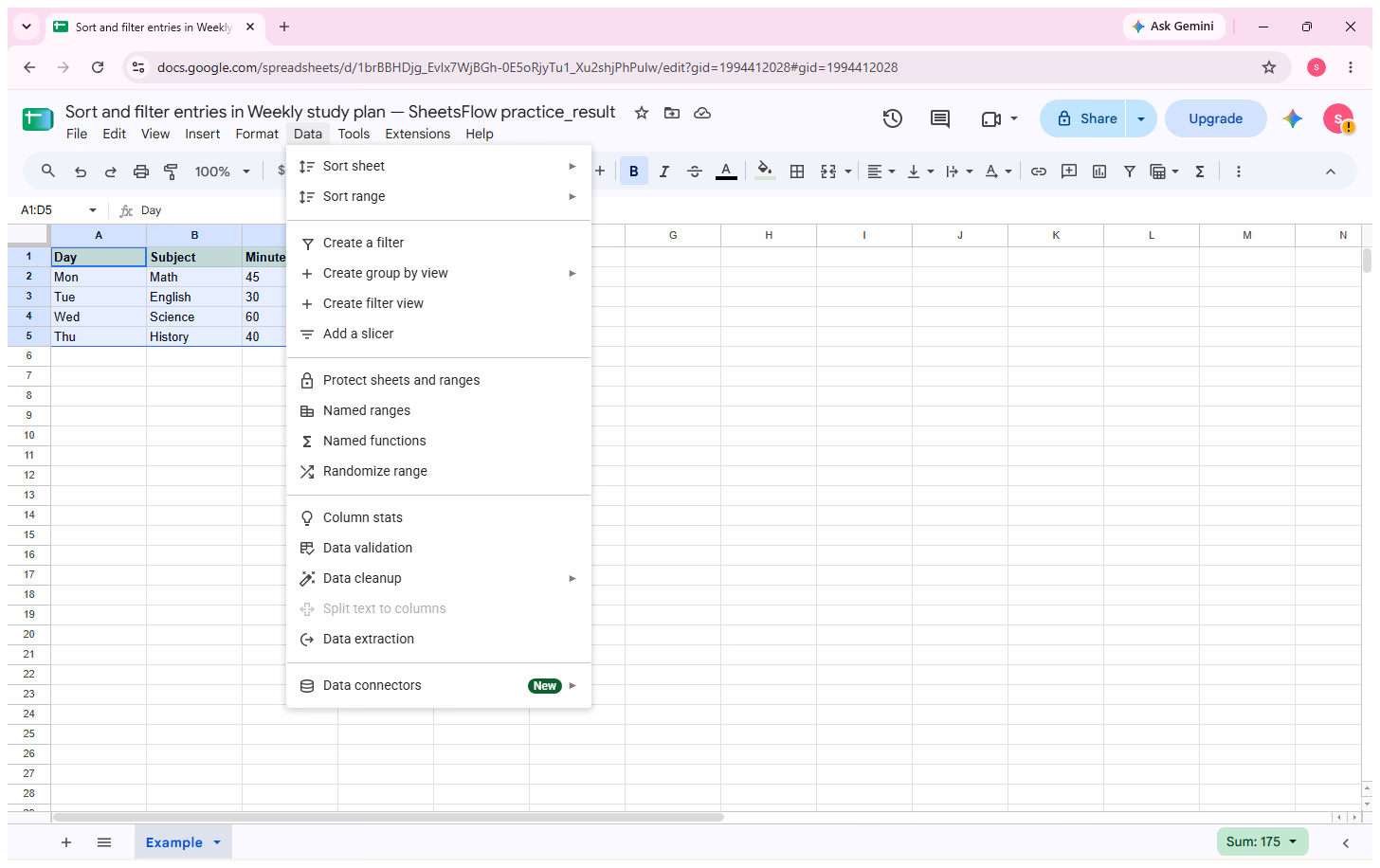 The Data menu opened at Create a filter for the selected table.