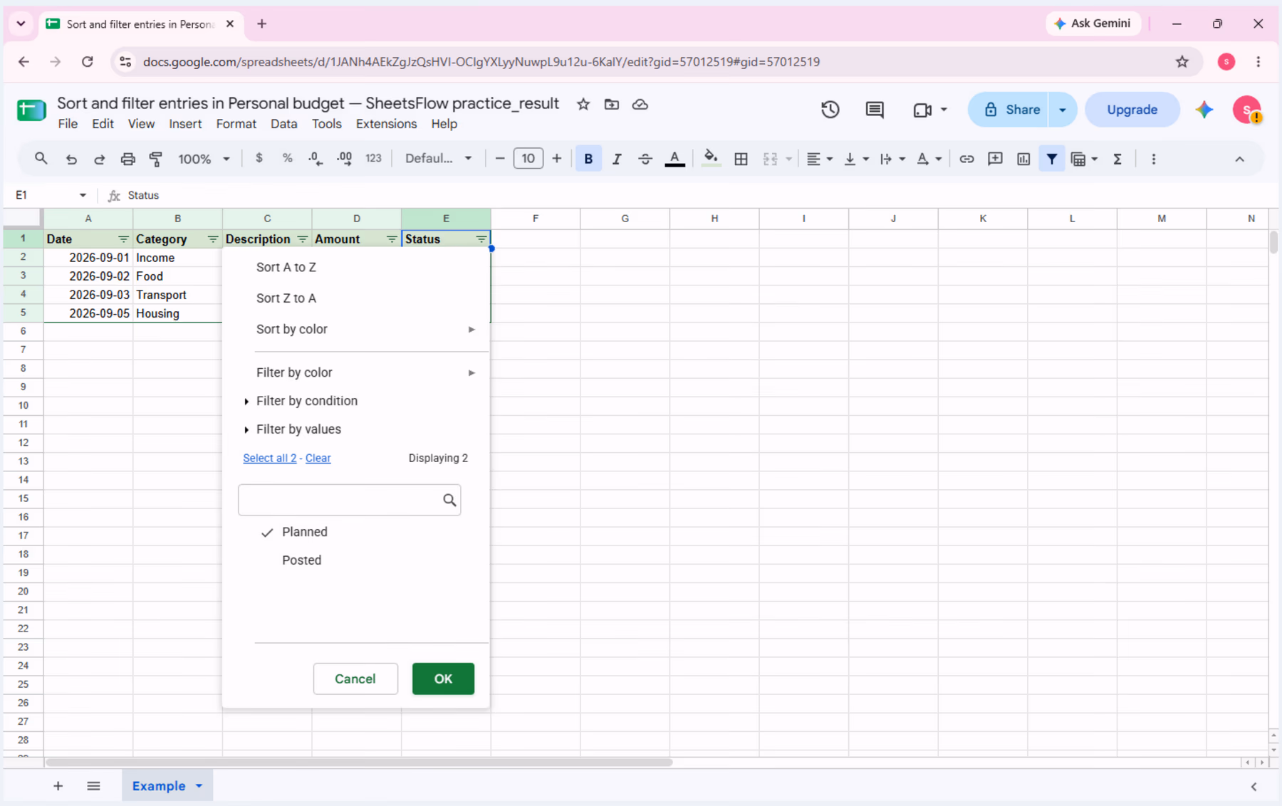In the Status filter, only Planned is selected before applying the filter.