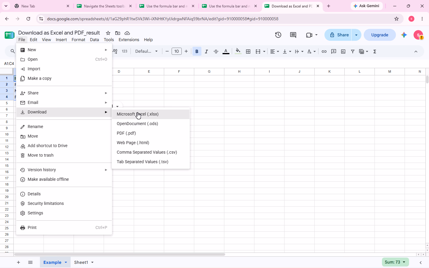 File > Download is open with the pointer on Microsoft Excel (.xlsx).