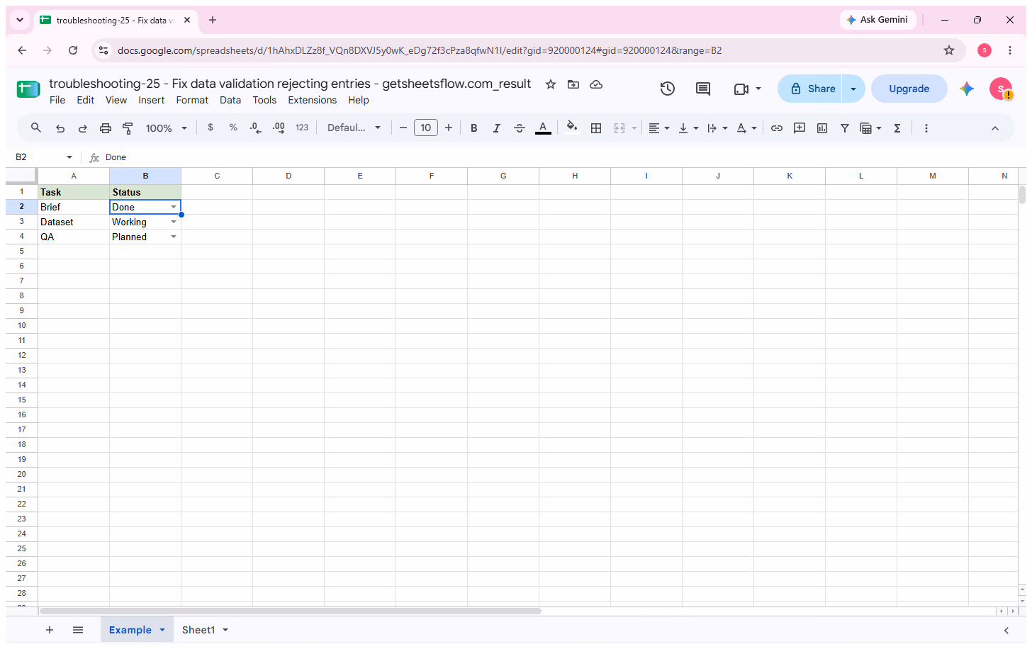 Google Sheets final checkpoint after B2 is restored to Done and the original Task and Status sample is preserved.