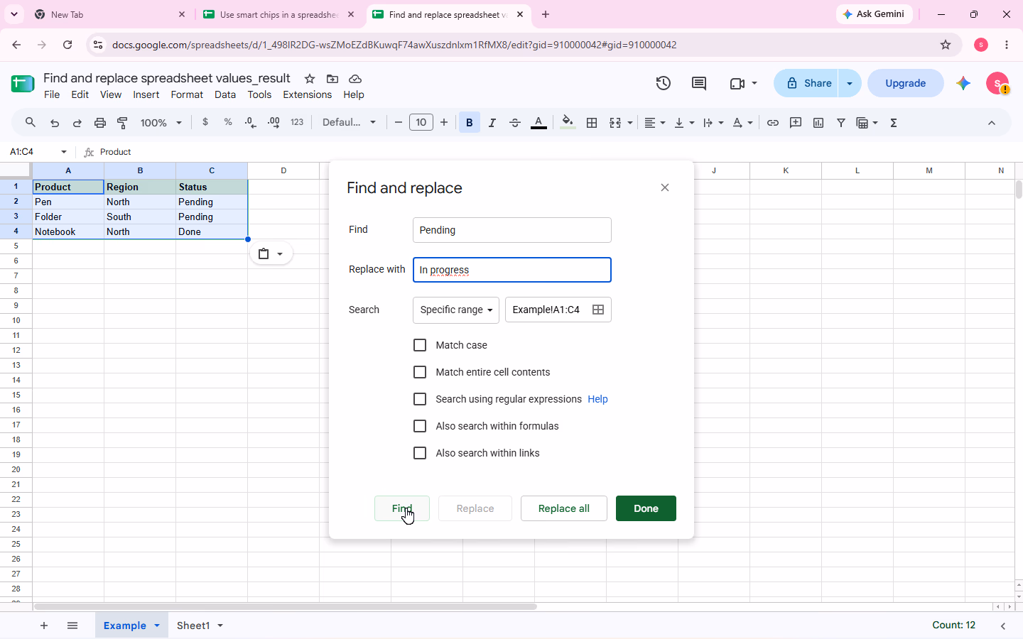 Find-and-replace evidence for step 2