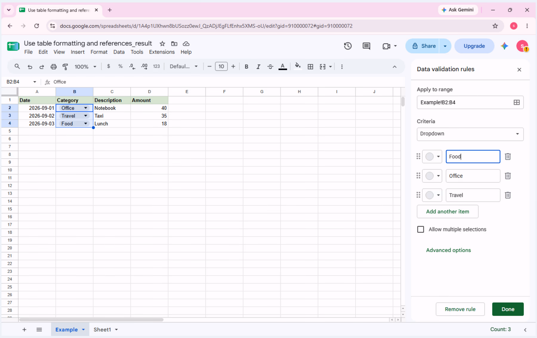 The Data validation editor shows a Dropdown for B2:B4 with Food, Office, and Travel.