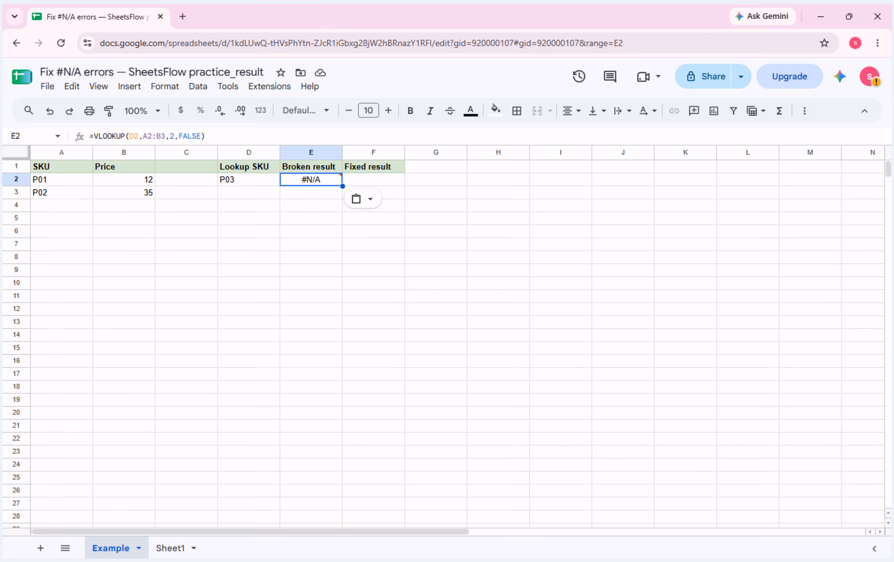 Cell E2 is selected with =VLOOKUP(D2,A2:B3,2,FALSE) in the formula bar and #N/A in the sheet.