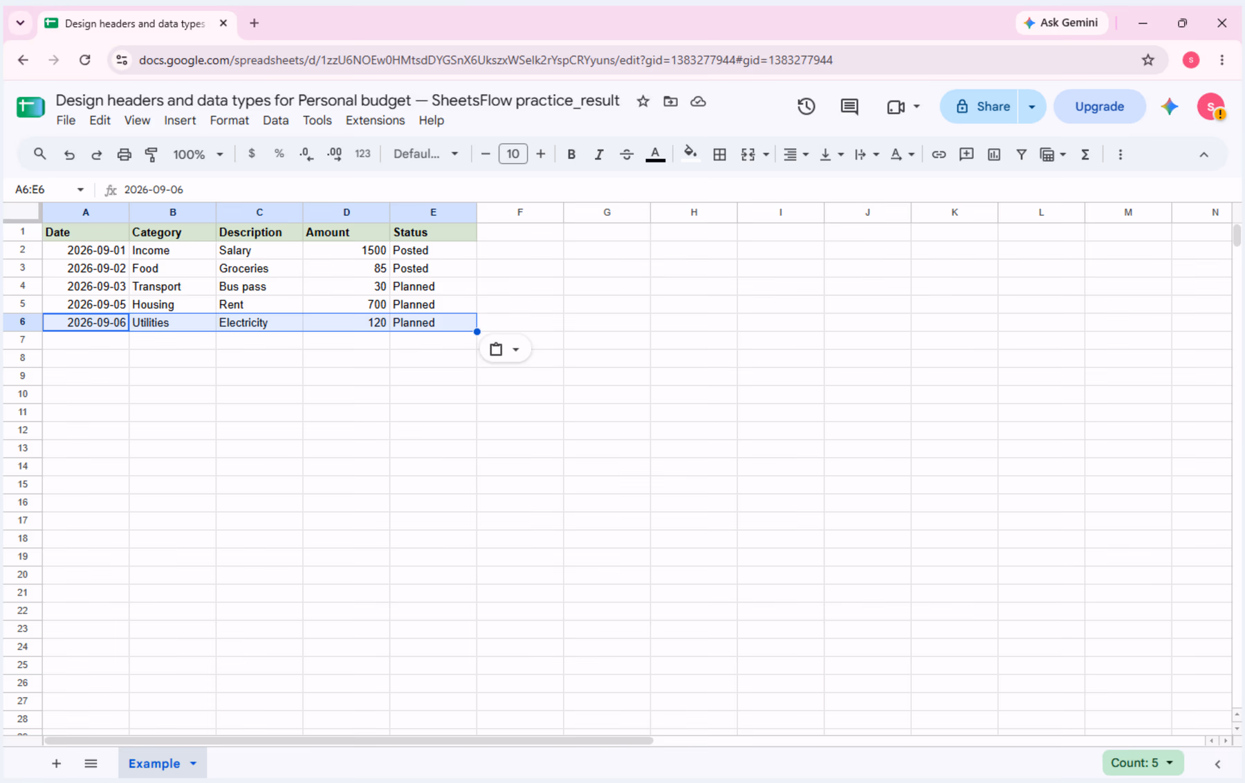 A temporary test row is entered in the live _result workbook to verify Date, text, Amount, and Status values are interpreted consistently with the existing rows.