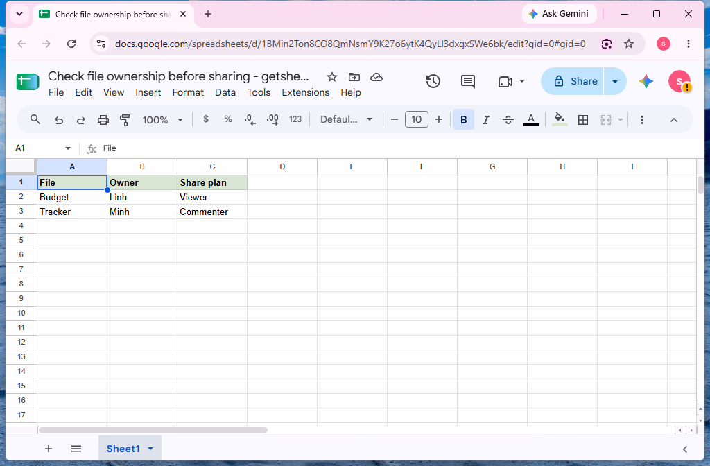 The _result workbook shows the clean File, Owner, Share plan sample before opening Share.