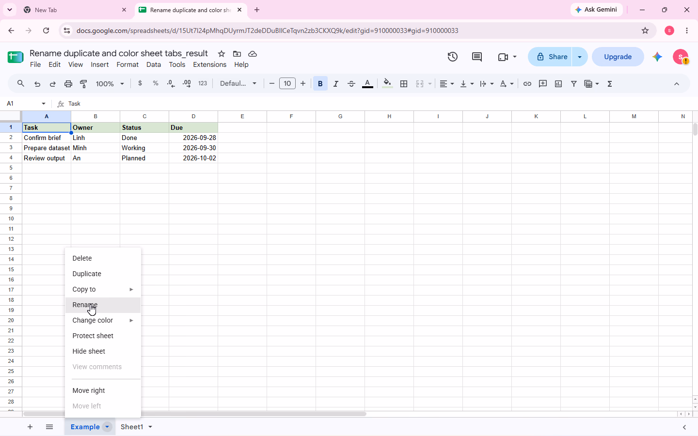 The Example tab menu is open with the pointer directly on Rename.