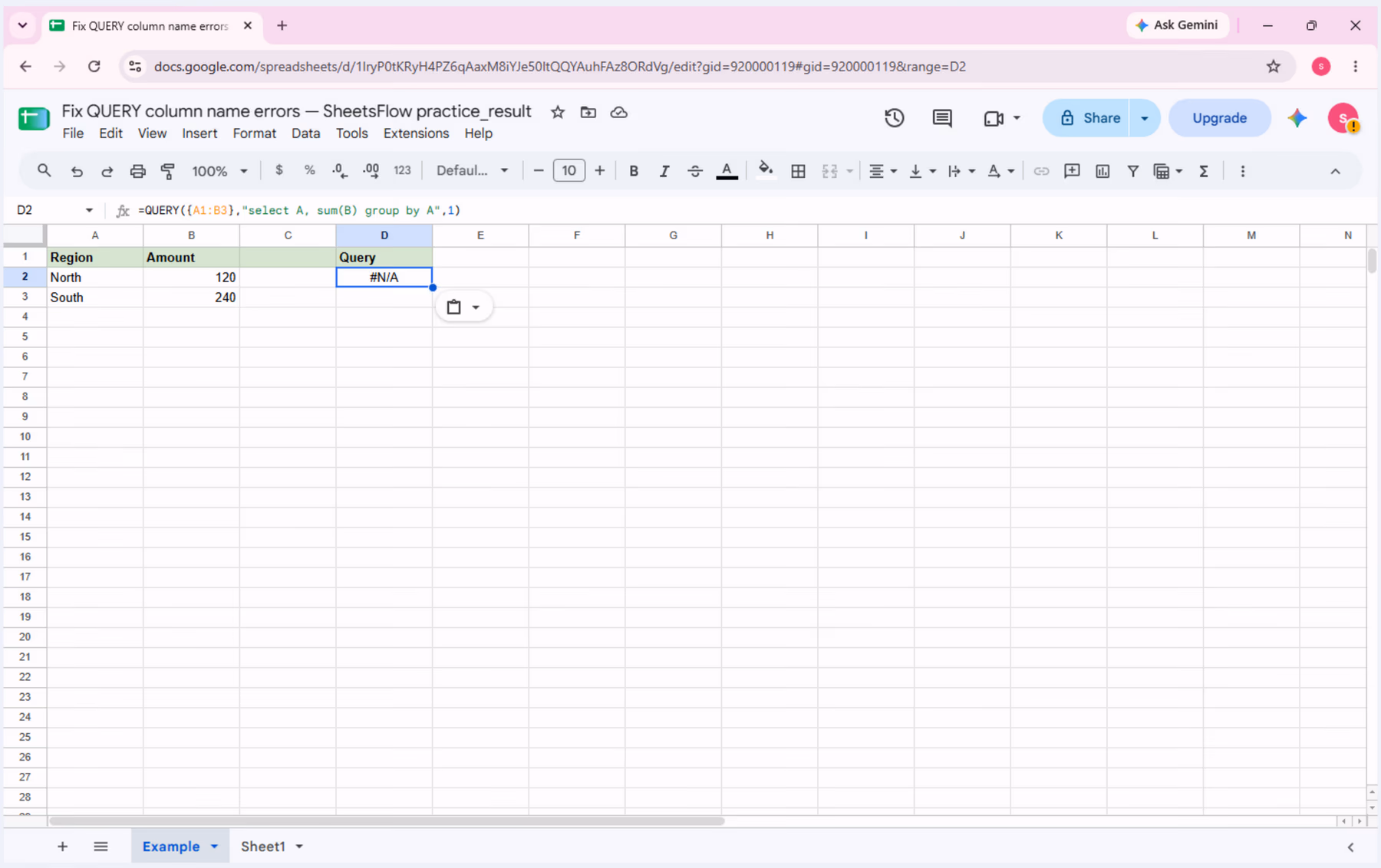 D2 shows #N/A for the array formula using A/B; the formula bar shows the broken formula.