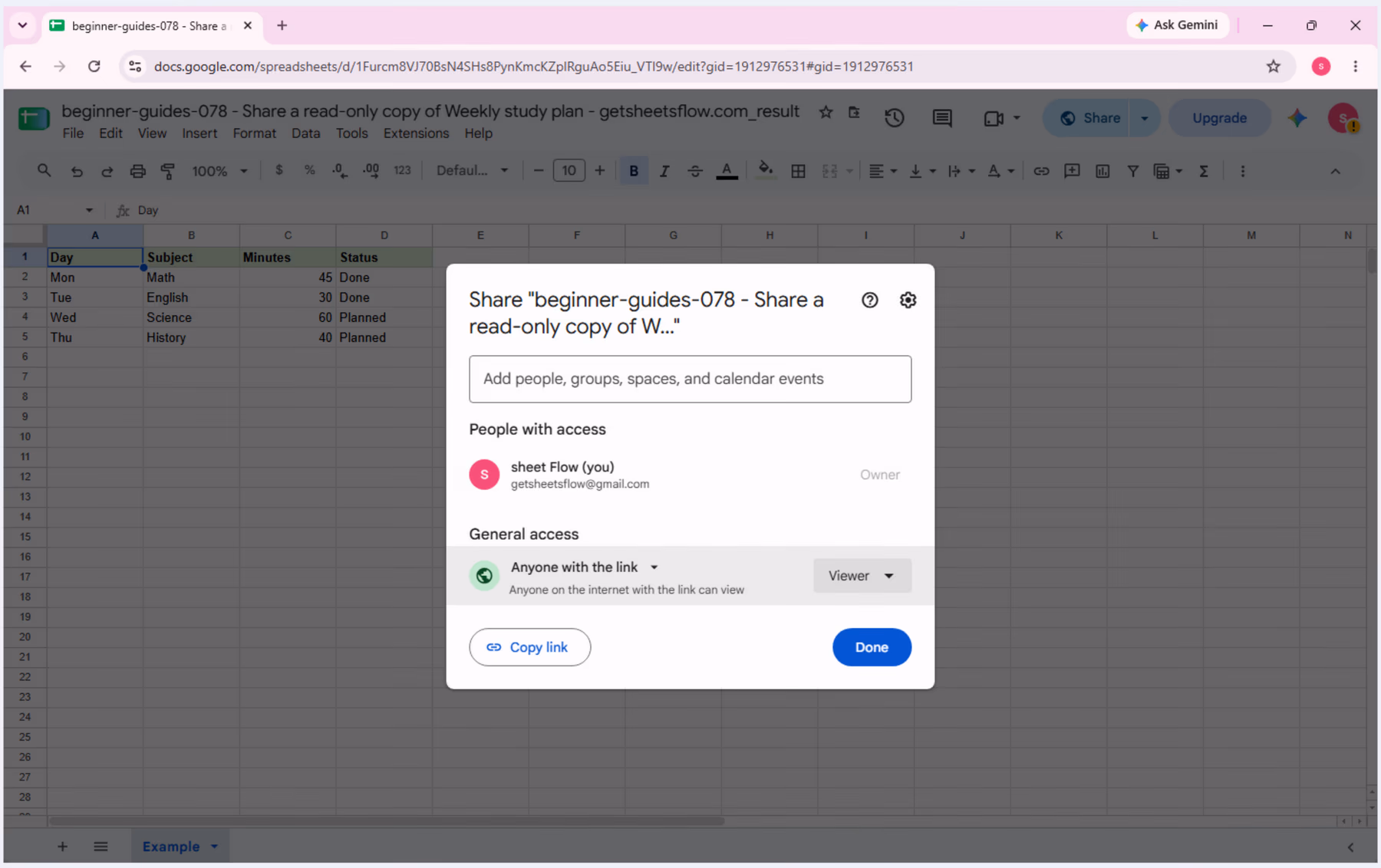 Share dialog showing Anyone with the link and Viewer permission on the result workbook.