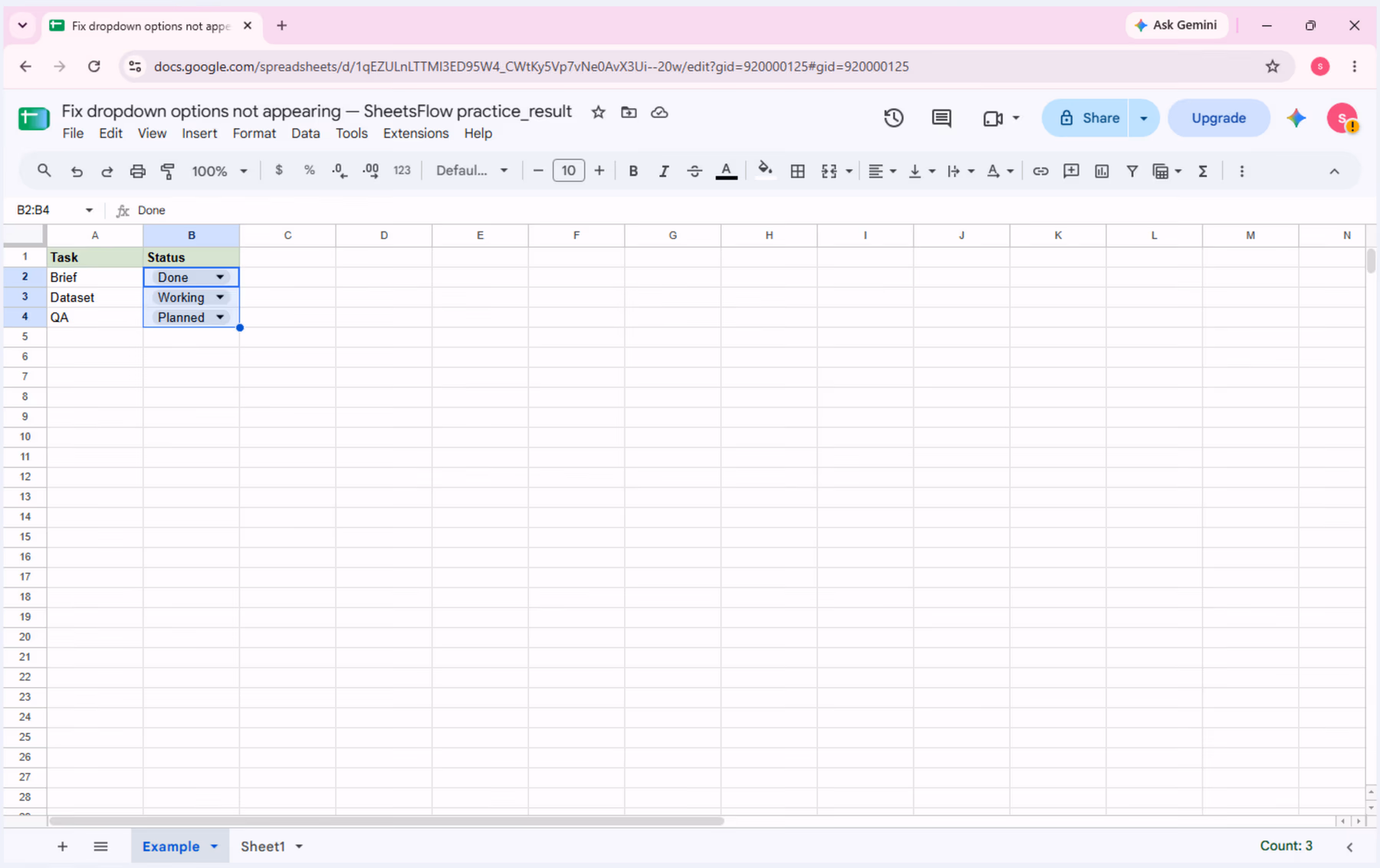 Range B2:B4 selected without the Status header.