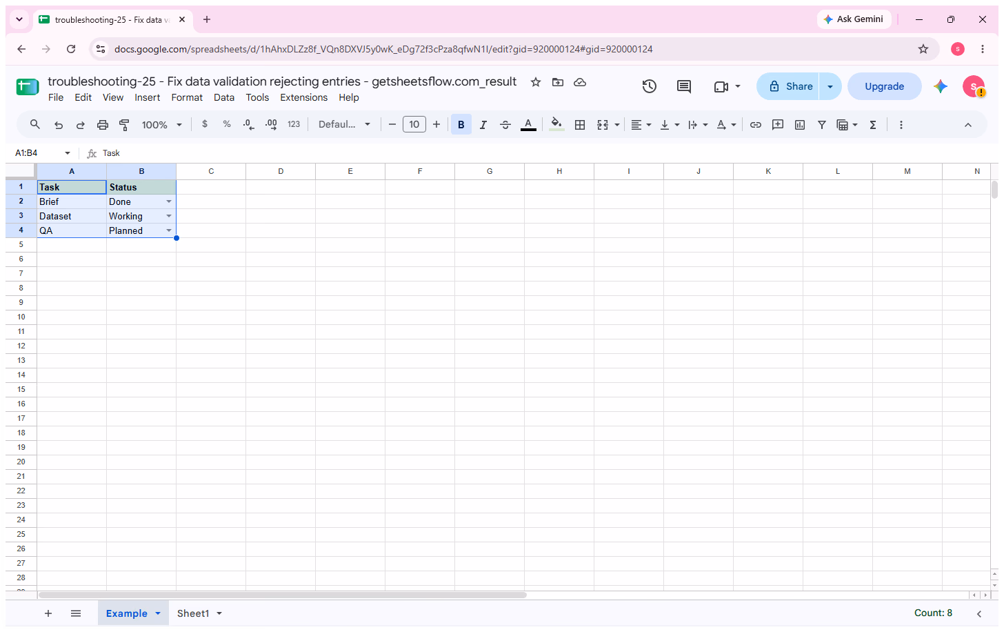 Google Sheets practice result showing the initial Task and Status sample before checking data validation.
