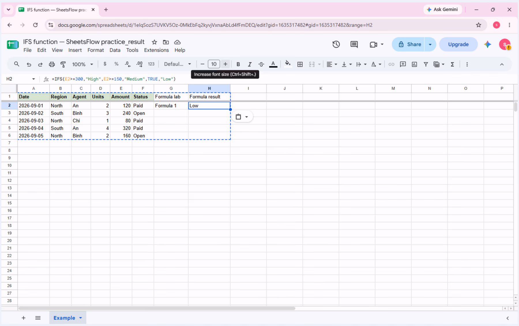 Current-audit Google Sheets view with H2 selected, the IFS formula visible, and the source table available for comparison.