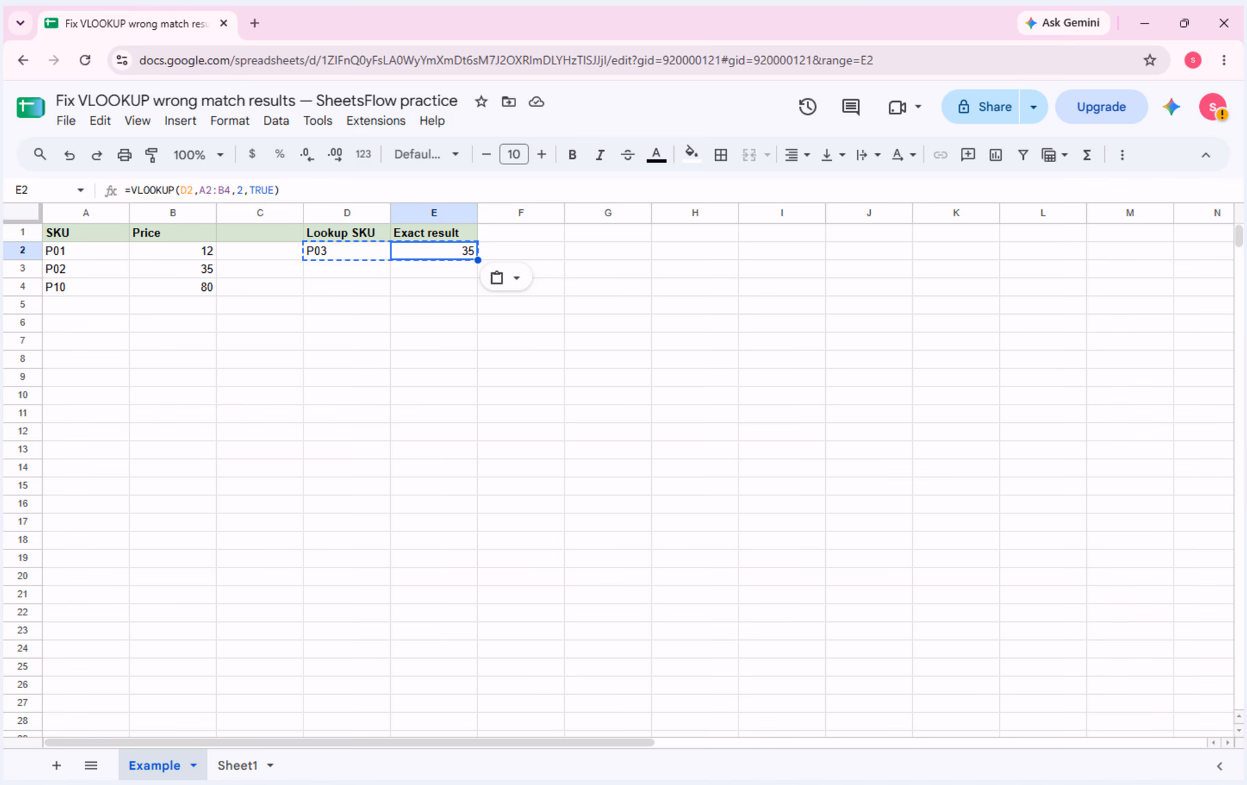 Cell E2 selected after an approximate-match VLOOKUP returns 35 for missing lookup key P03.