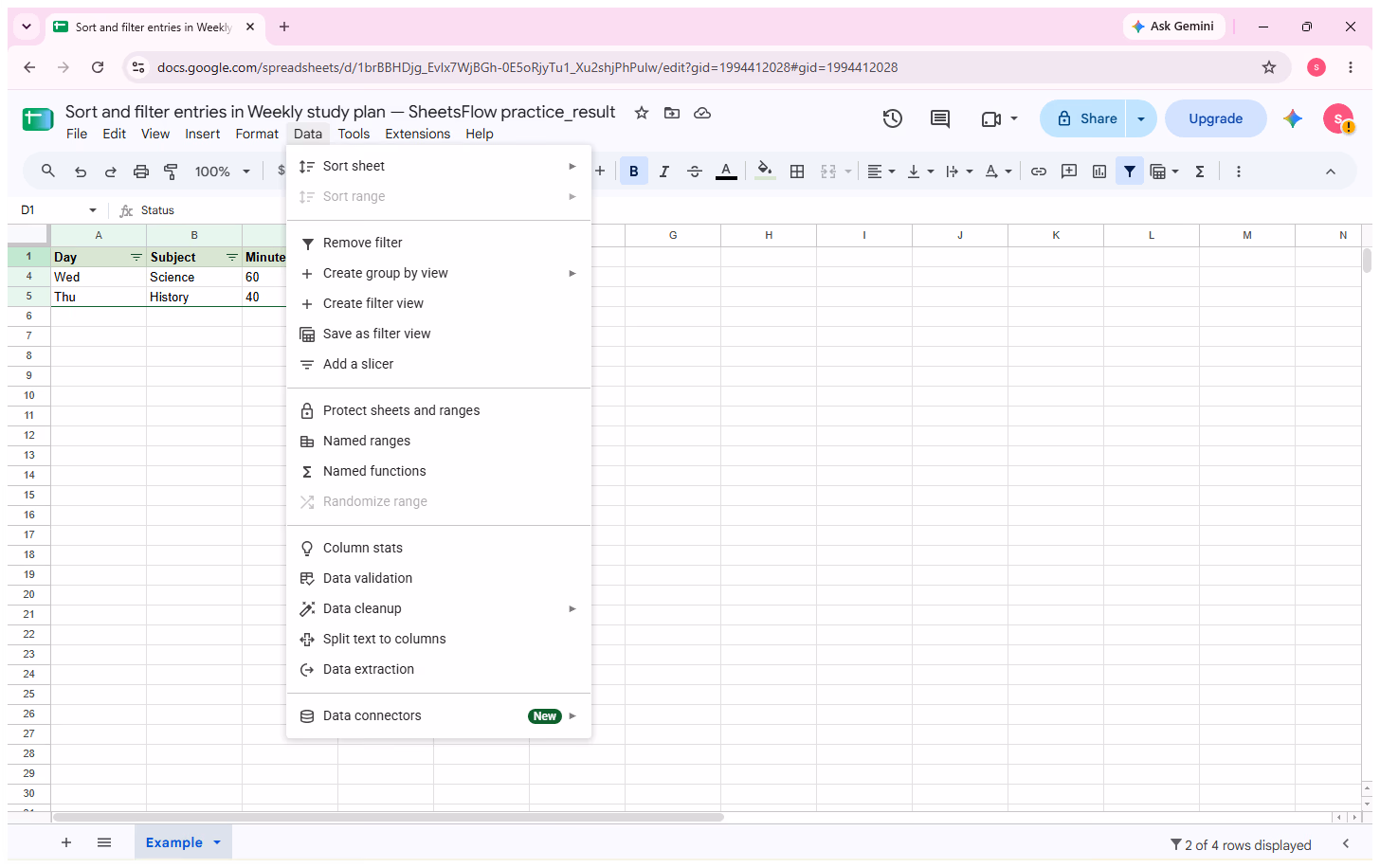 The Data menu opened at Remove filter after checking the filtered result.