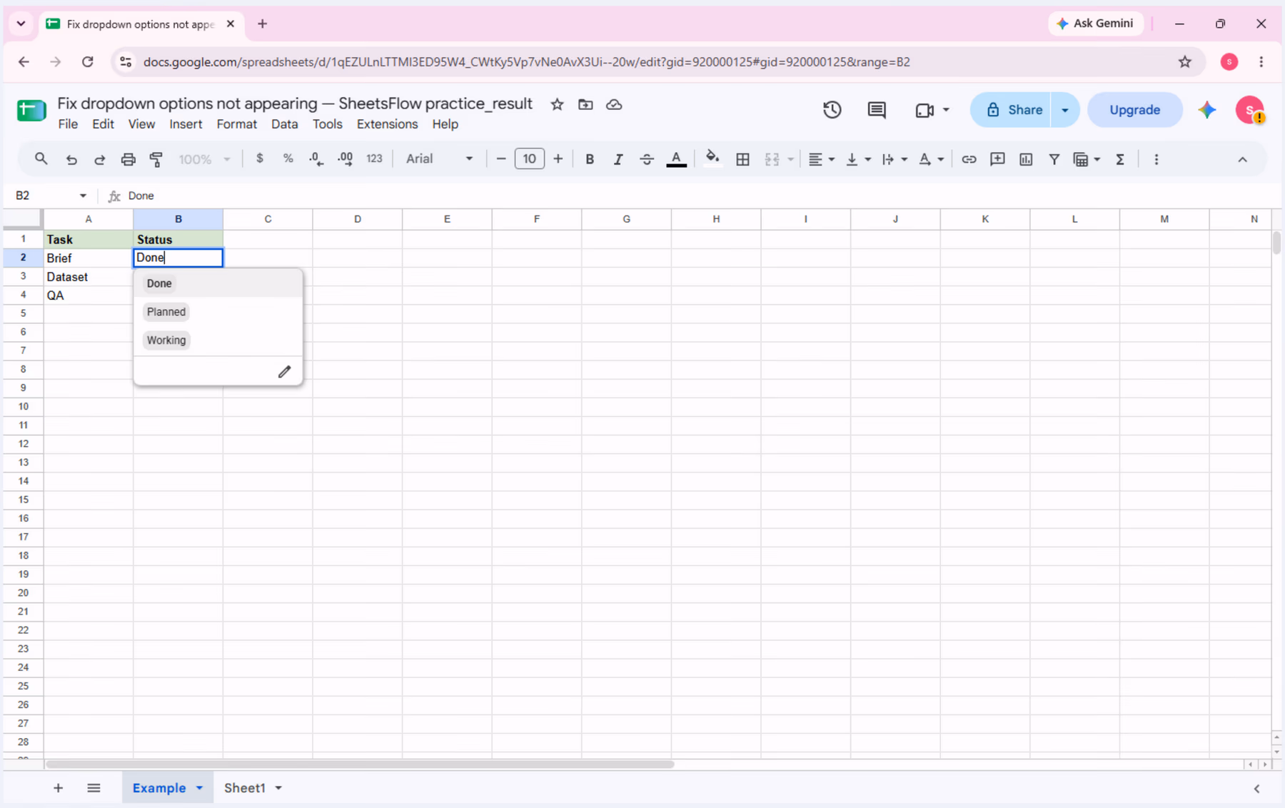 A Status-cell dropdown is open so the configured choices can be checked.