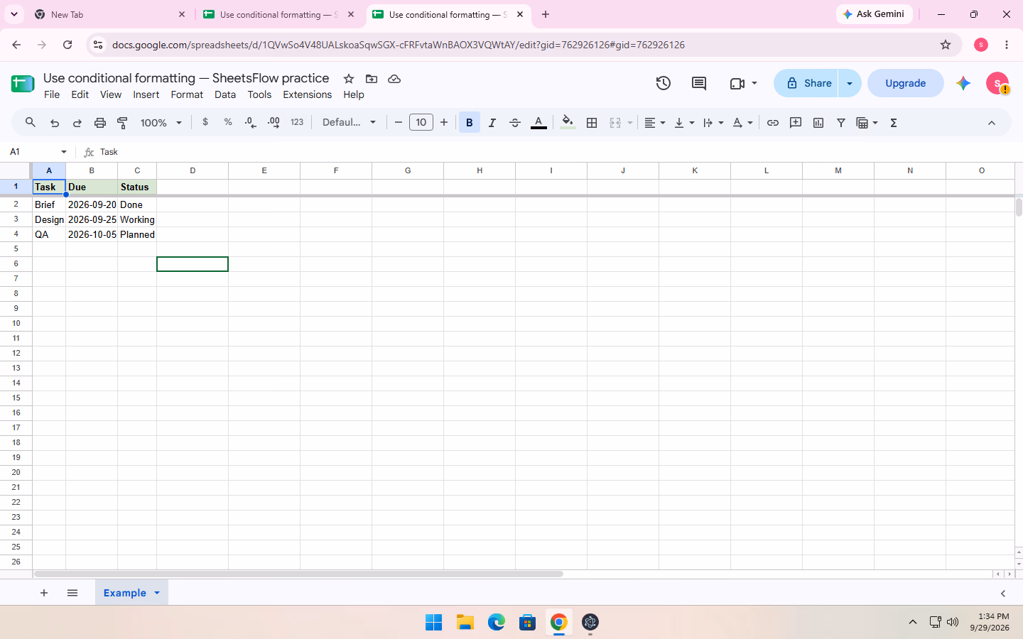 Google Sheets practice table before the conditional-formatting steps, with Task, Due and Status visible and no unrelated data on the sheet.