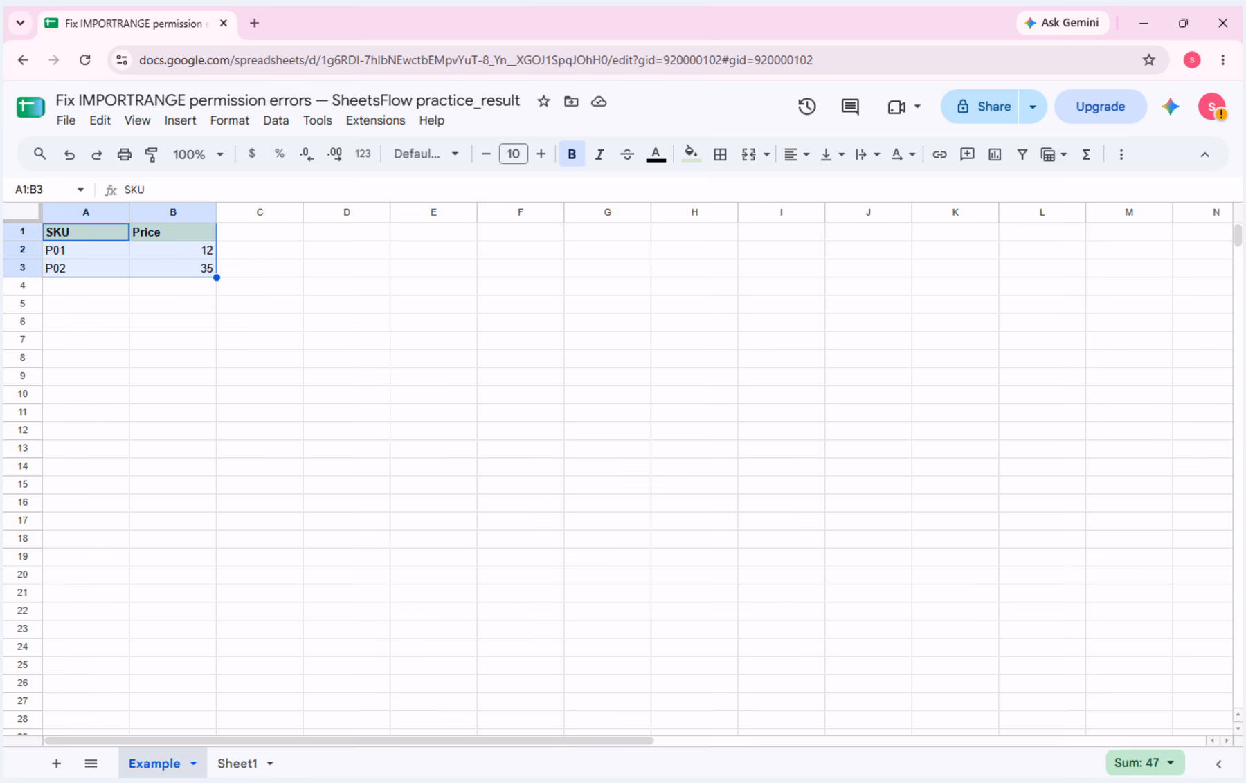 The verified destination workbook with the sample table visible before troubleshooting IMPORTRANGE.