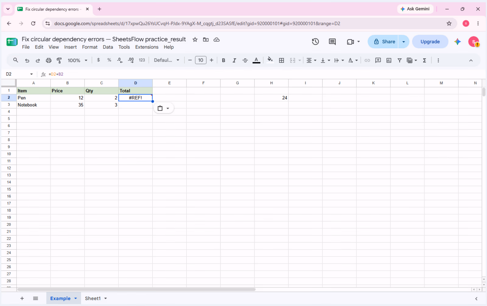 Cell D2 selected with =D2+B2 visible in the formula bar and #REF! displayed because the formula refers to itself.