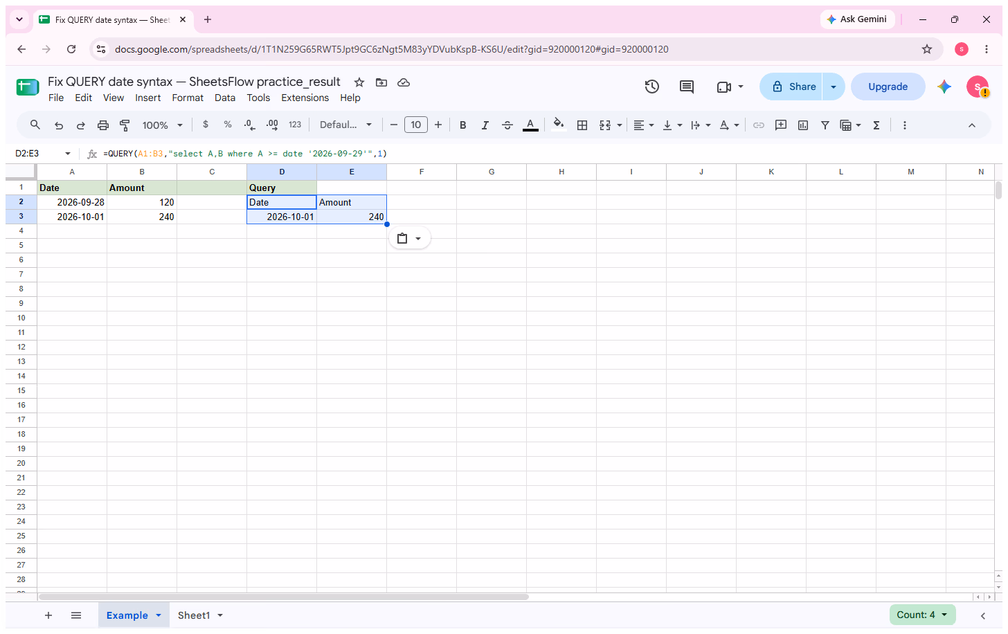 Google Sheets with D2 selected, the complete QUERY formula visible in the formula bar, and the source table visible for comparison.