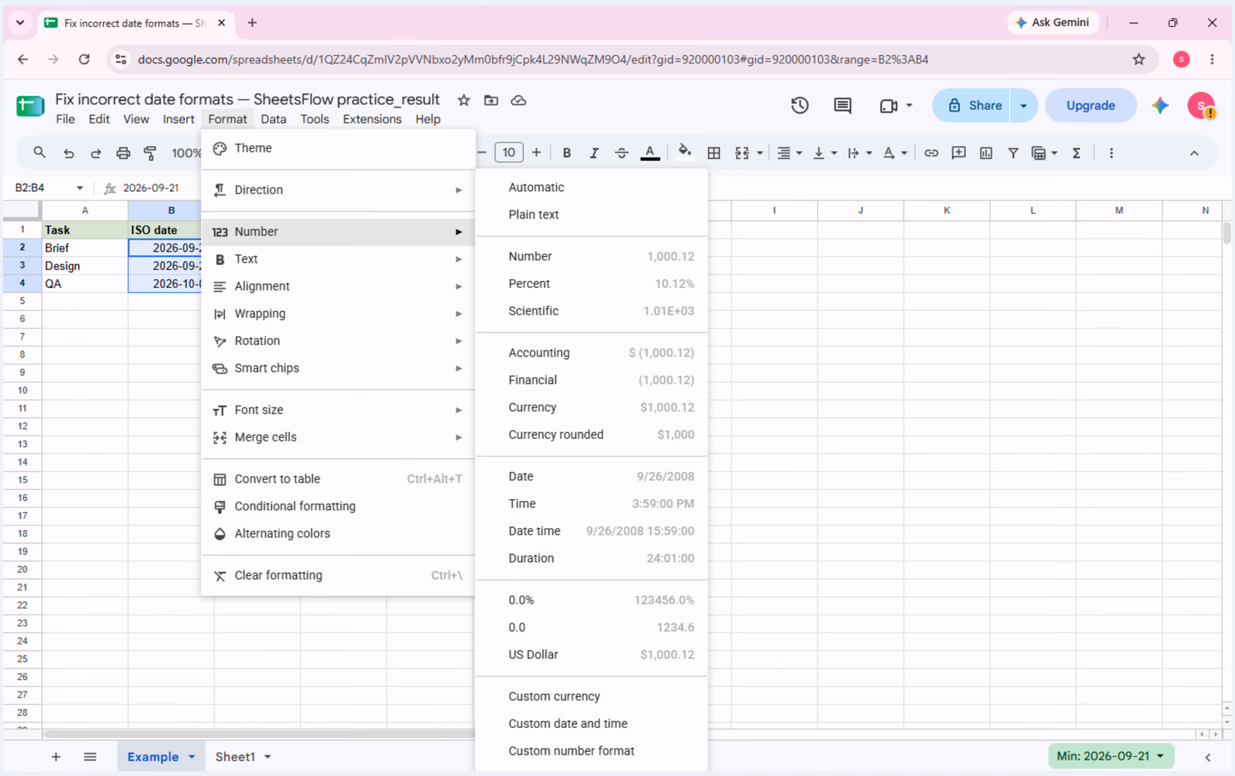 Google Sheets Format menu with Number submenu open and Date visible for the selected B2:B4 range.