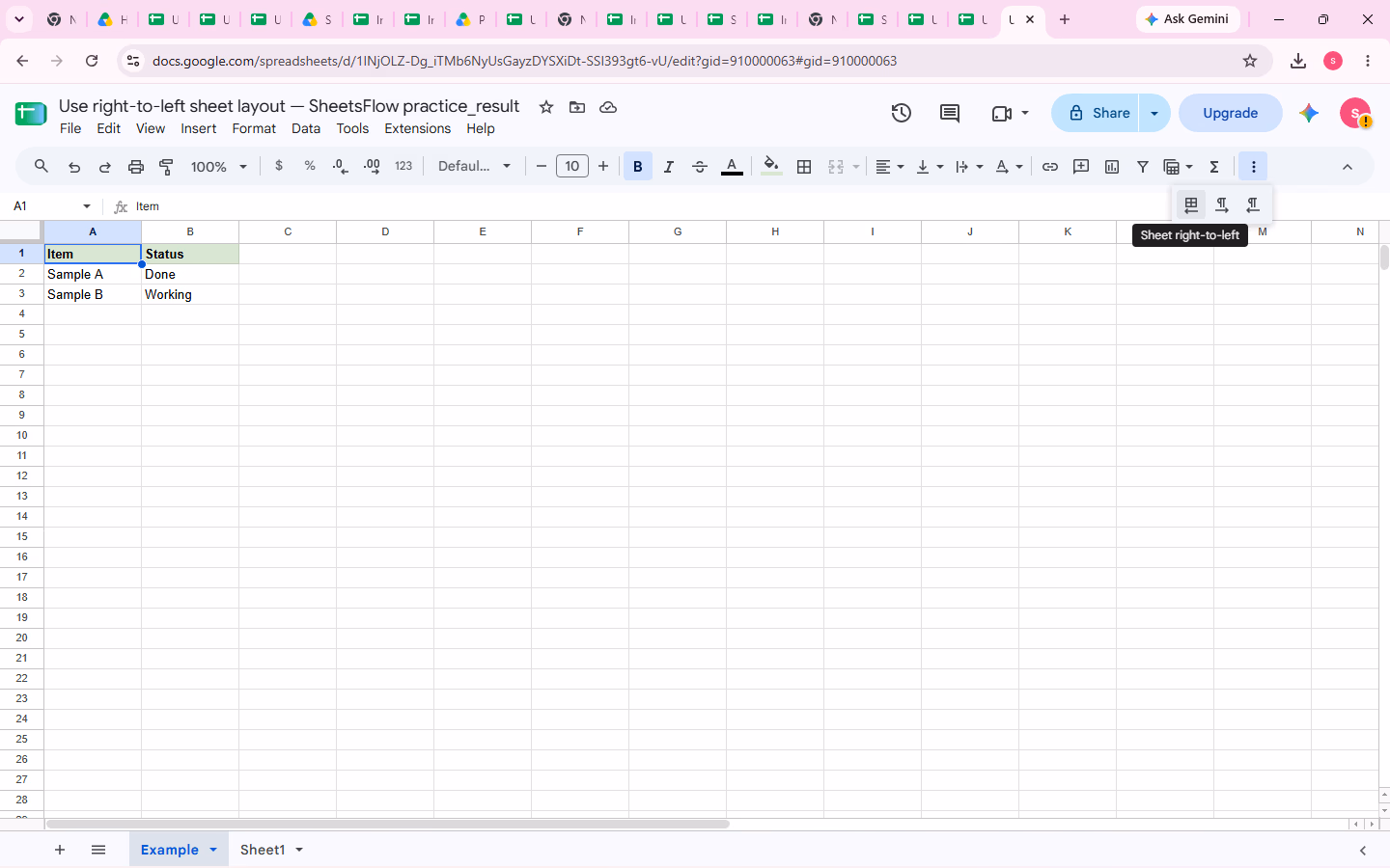 Google Sheets toolbar overflow with the pointer on the “Sheet right-to-left” control.