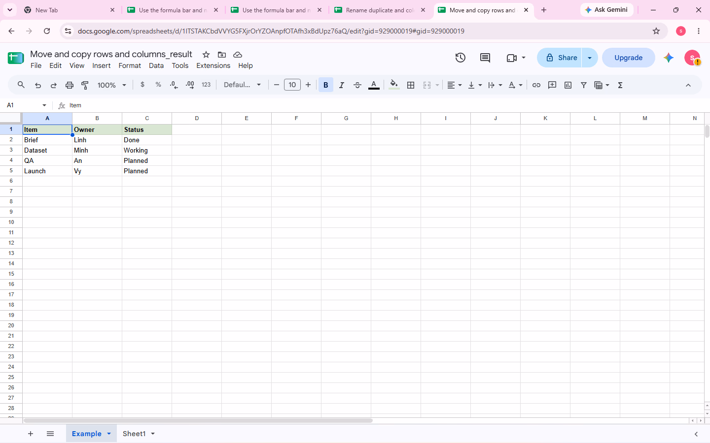 Workbook _result với bảng nguồn đầy đủ trước thao tác.