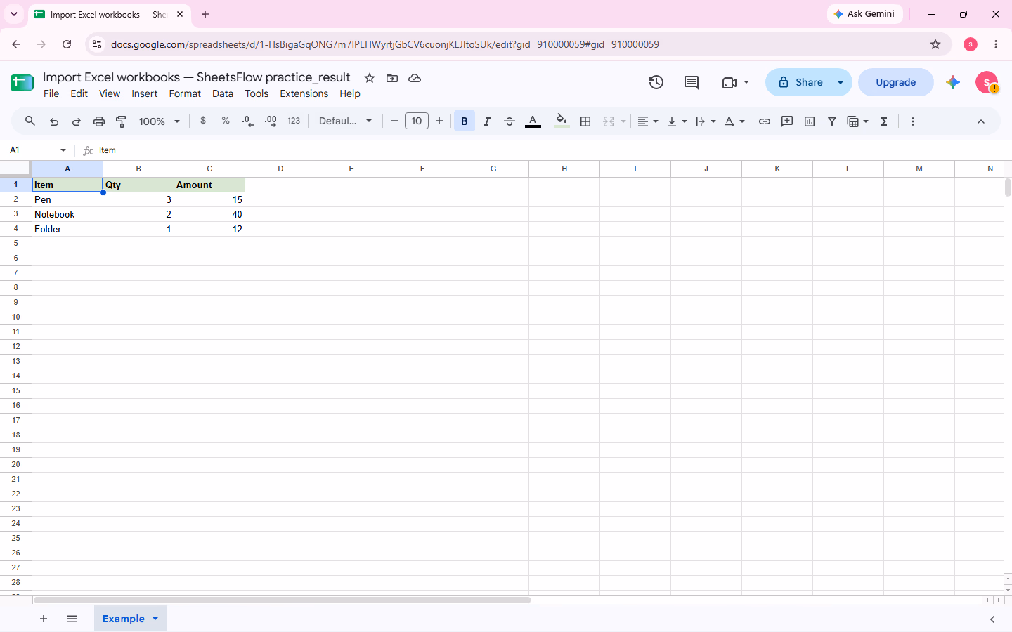 The verified _result workbook before import, showing the Item, Qty, Amount source table with all three rows.