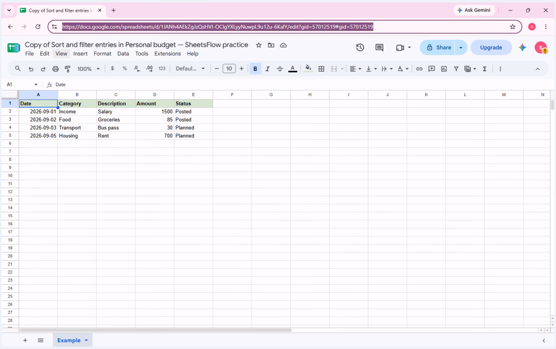 The _result workbook shows the complete Personal budget source table before filtering.